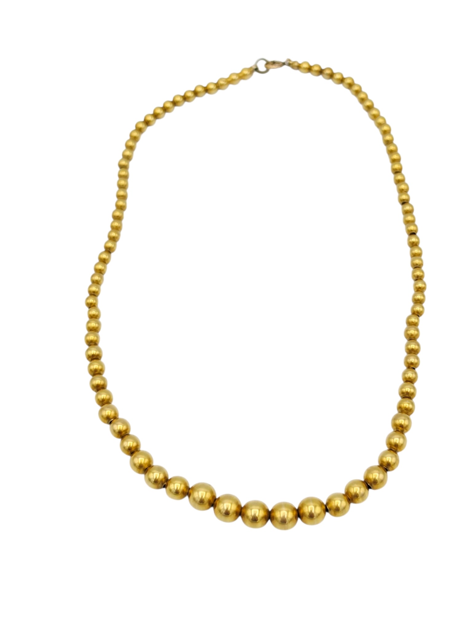 Victorian 10k Yellow Gold Graduated Bead Necklace: Composed of eighty-seven round 10k yellow gold beads measuring from approximately 7.0 to 4.0 mm, completed by a 10k yellow gold spring ring clasp forming a 15 1/2 inch necklace. Gross weight: 10.2