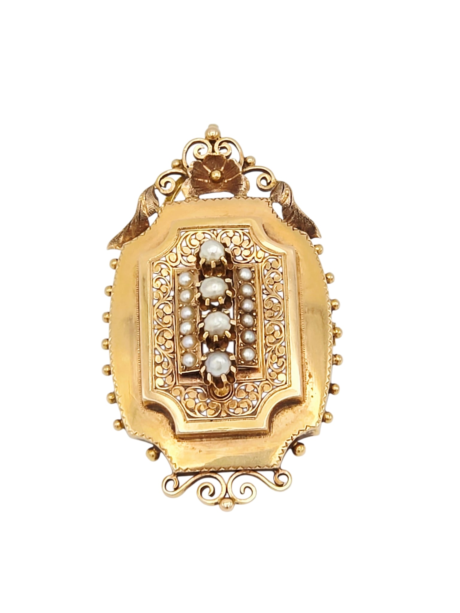 Victorian Split Pearl, 14k Pin: Featuring sixteen split pearls within a pierced, foliate motif 14k yellow gold pin mounting measuring approximately 1.90 x 1.10 inches. Gross weight: 7.0 grams. Item condition: originally