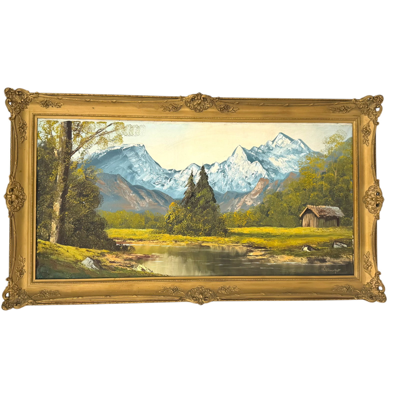 Signed Acrylic on Canvas of Alpine Lake: Acrylic on canvas of Alpine Lake, indistinctly signed in lower right, in an ornate gilt frame.