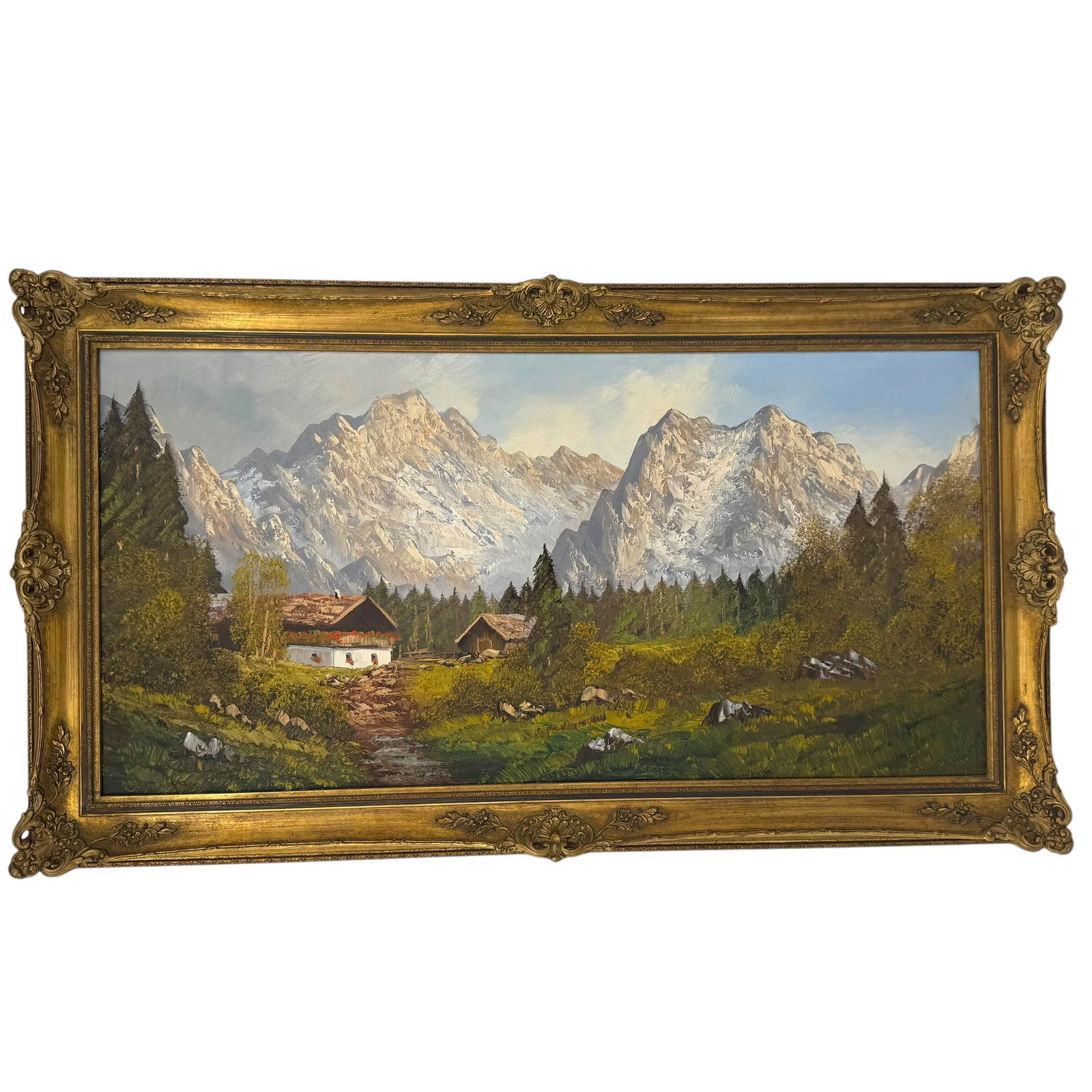 Signed Acrylic on Canvas of Alpine Landscape: Acrylic on canvas landscape of an Alpine village, indistinctly signed on the lower right, in an ornate gilt frame.