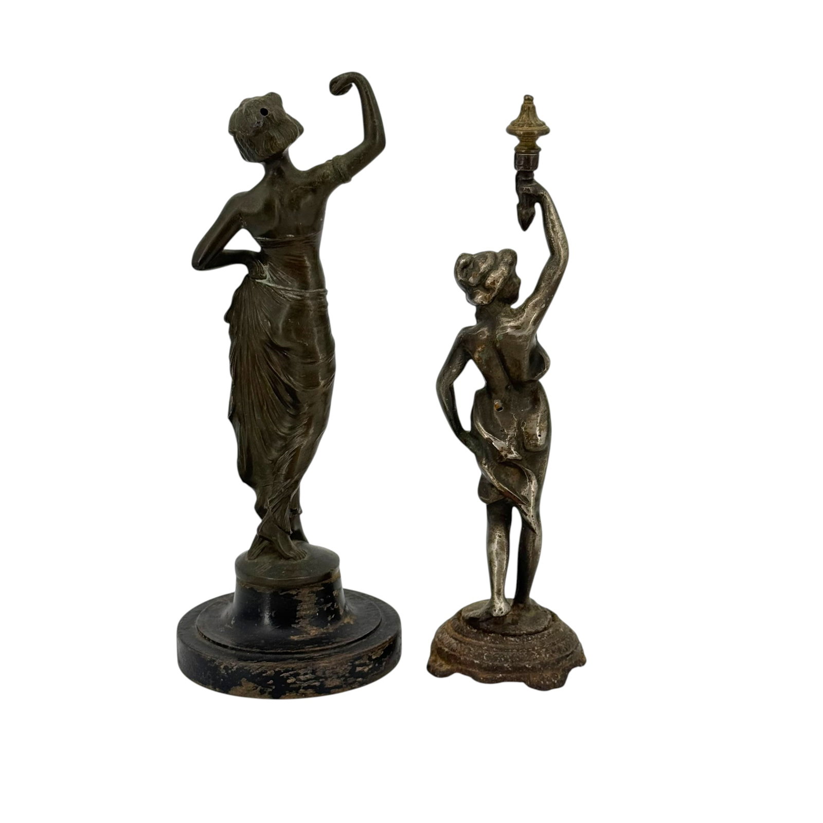 (Lot of) 2 Classical Bronze-Finish Figural Sculptures: (Lot of) 2 classical bronze-finish figural sculptures in neoclassical or Art Nouveau revival styles, on figure mounted on a wood base and one on a metal base. Tallest figure measures approximately 10
