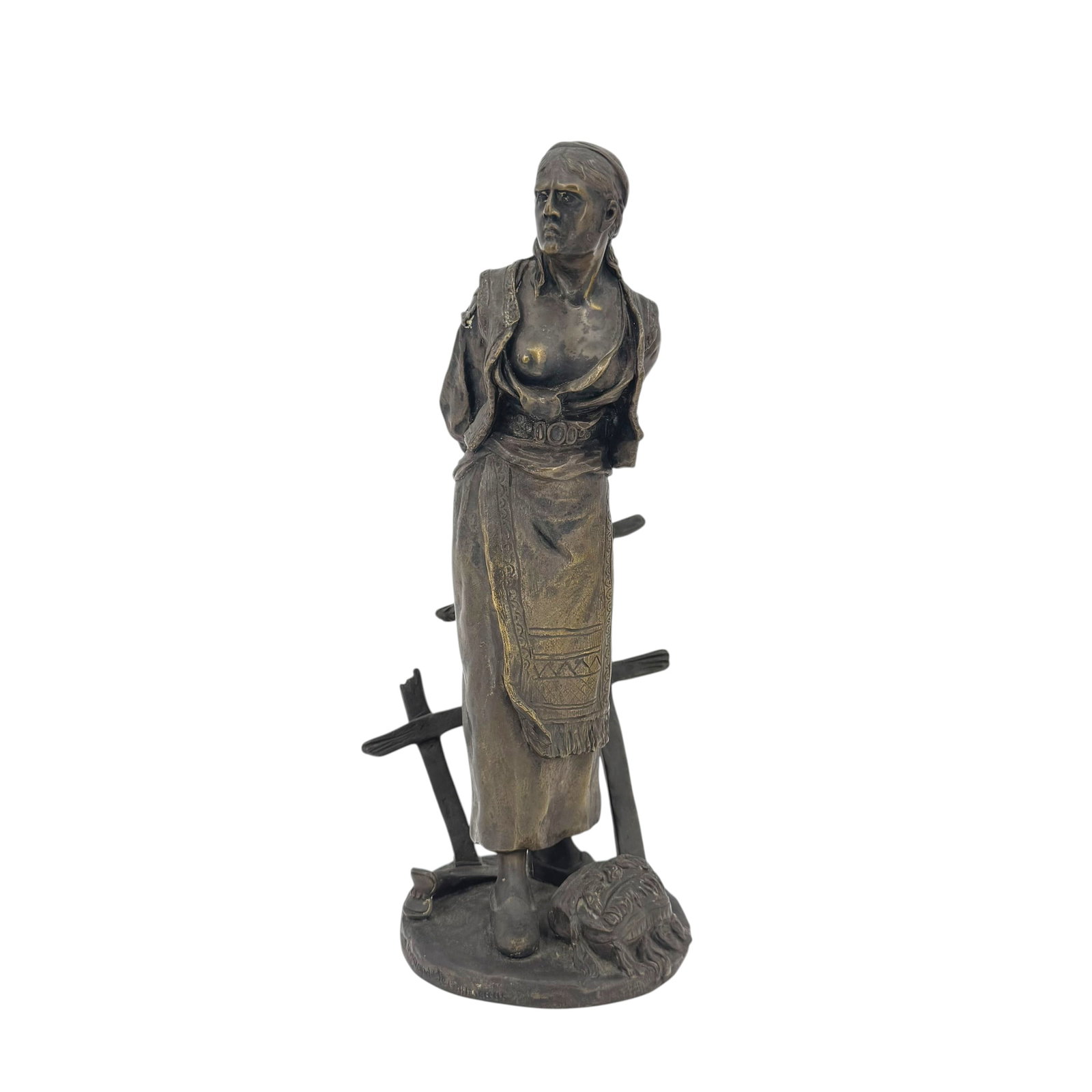 Edouard Letourneau (French, 1851-1907) "The Prisoner" Bronze: Edouard Letourneau (French, 1851-1907) "The Prisoner" (La Prisonniere) bronze, featuring a female figure with her hands tied behind her back, pulling away from a broken fence, signed on the 