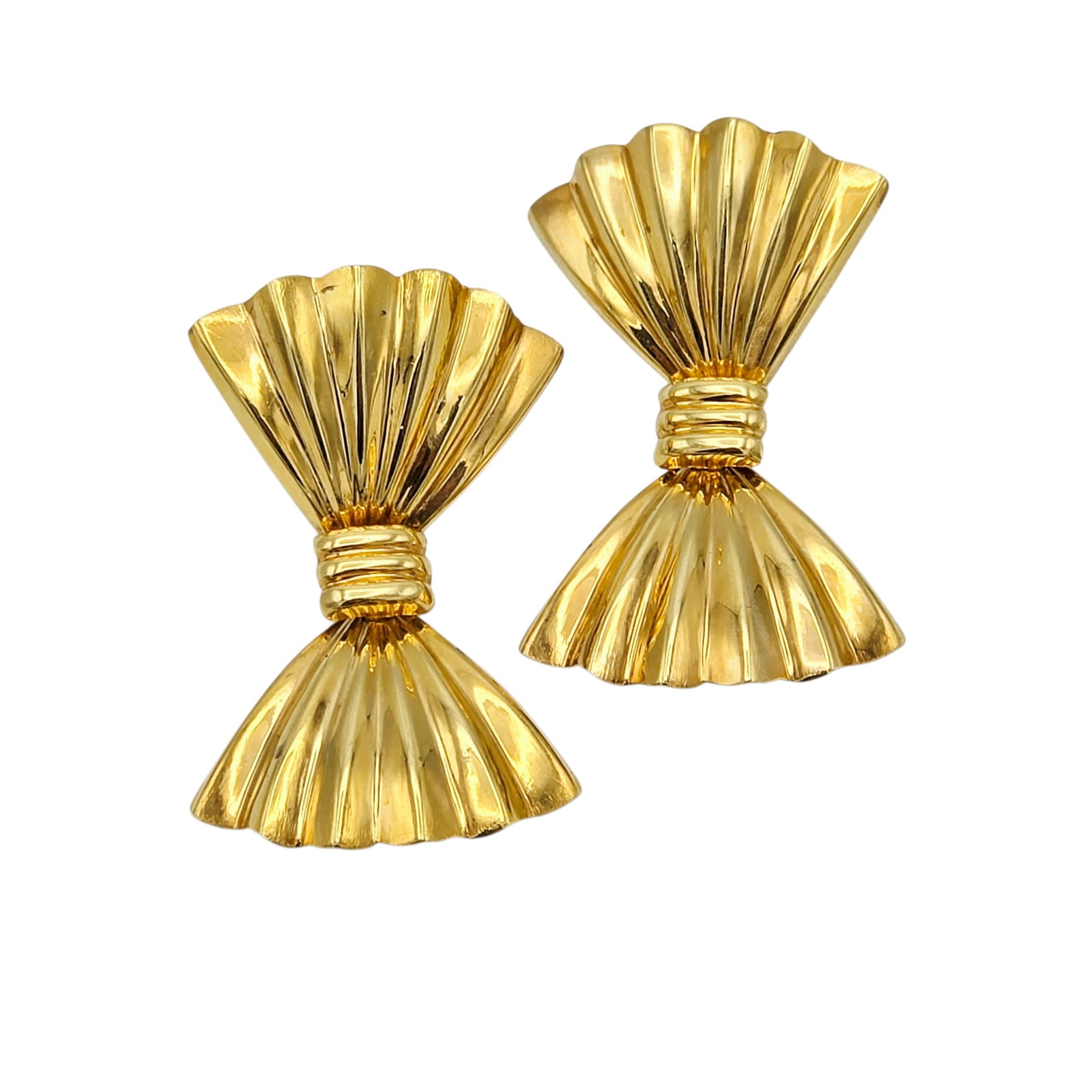 Pair of 14k Yellow Gold Earrings: Designed a bow, each 14k yellow gold, articulated earring measuring approximately 1.50 x 0.90 inches. Marked: '585, Italy, Oritalia.' Gross weight: 5.7 grams. Note: one butterfly-style earring