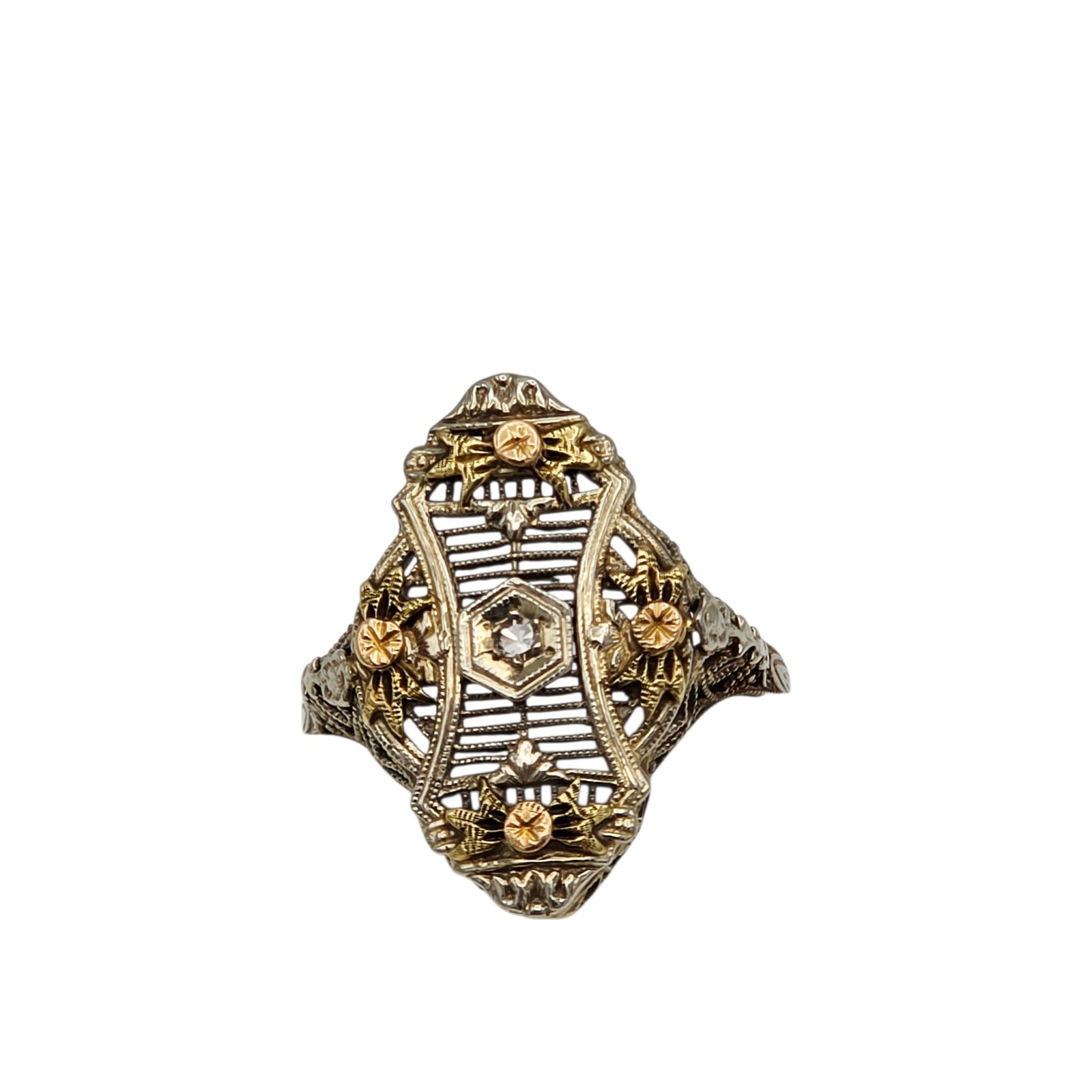 Art Deco Diamond, 14k Tri-Color Ring: Centering one round single-cut diamond weighing approximately 0.03 ct., accented by rose and green gold florets, set in a 14k white gold, filigree ring mounting, size 9 /14. Gross weight: 3.0 grams.
