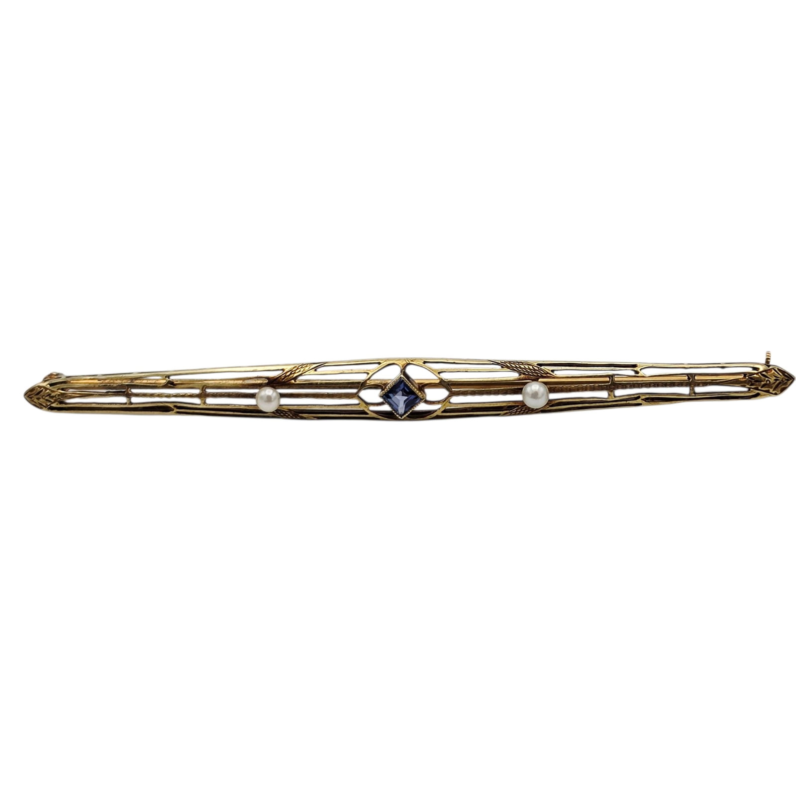 Edwardian Pearl, Glass, 14k White and Yellow Gold Bar Pin: Centering one square, step-cut glass, highlighted by two pearls, each measuring approximately 2.5 mm, set in a 14k yellow gold bar pin mounting measuring approximately 3.00 x 0.25 inches, Marked: