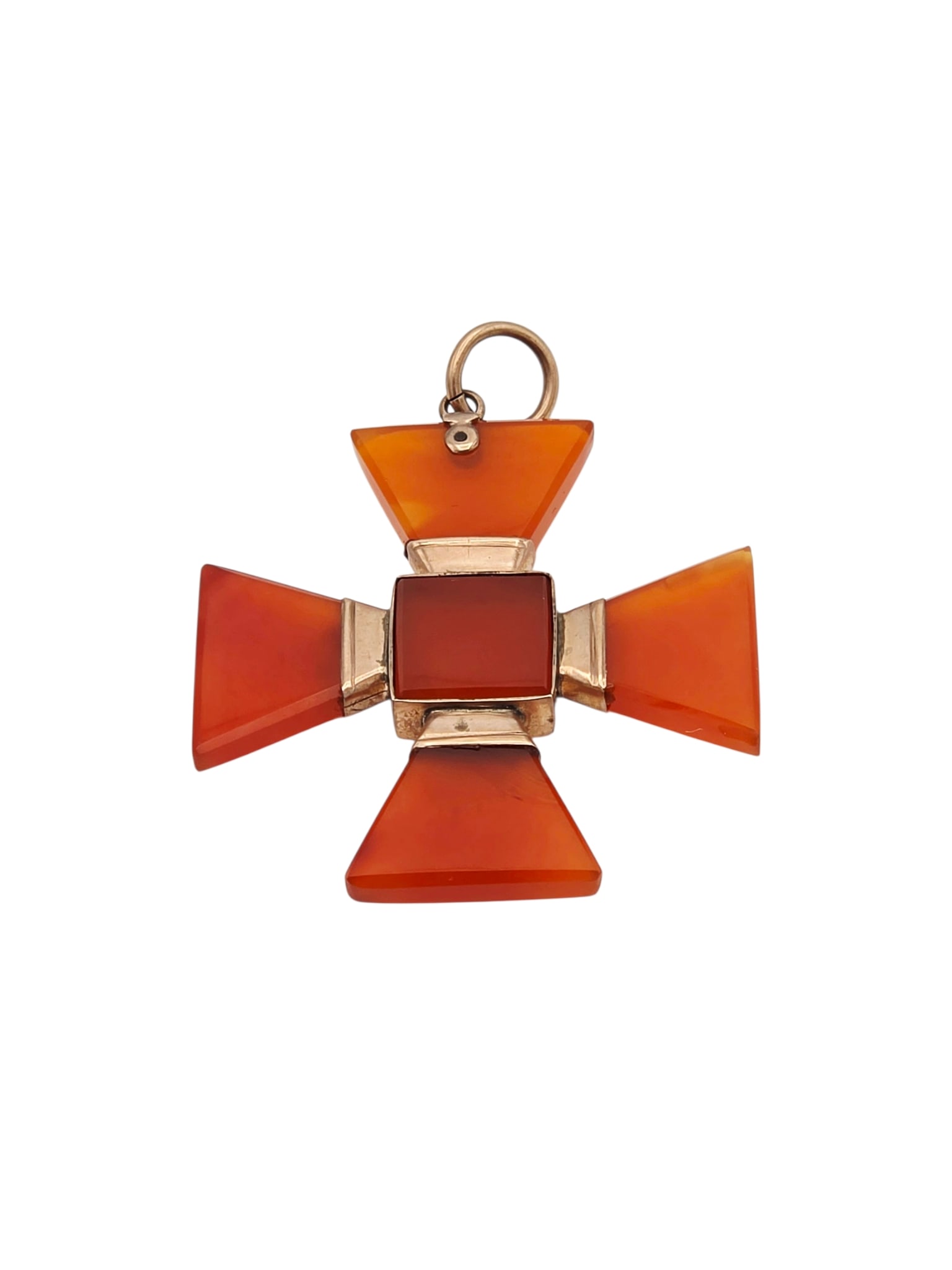 Victorian Carnelian, 10k Rose Gold Maltese Cross Pendant: Designed as a Maltese cross composed of carnelian agate set in a 10k rose gold pendant mounting measuring approximately 1.80 x 1.40 inches. Gross weight: 6.7 grams.