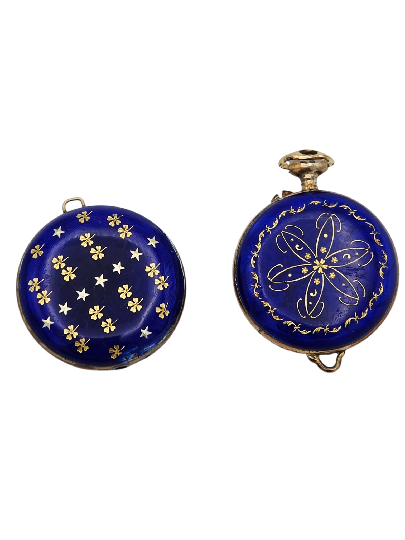 Collection of Two Guilloche Enamel, Silver Pocket Watch Cases: The 800 silver pocket watch cases featuring cobalt blue guilloche enamel embellished with gilt, each measuring approximately 28.0 mm. Both marked: 'K & L, Swiss, 800,' with Swiss marks. Gr