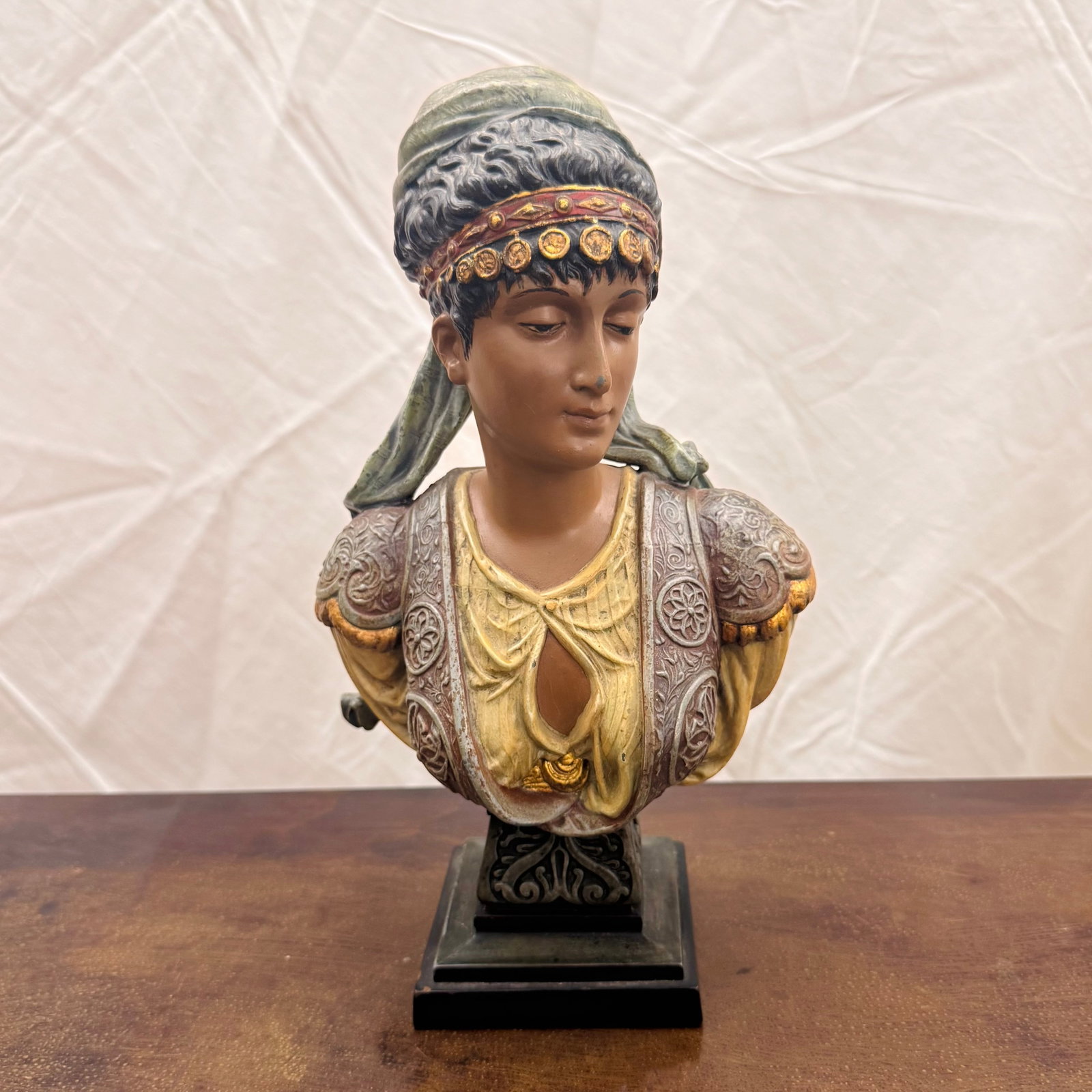 Painted Spelter Bust of Woman: 19th century painted spelter bust of woman.