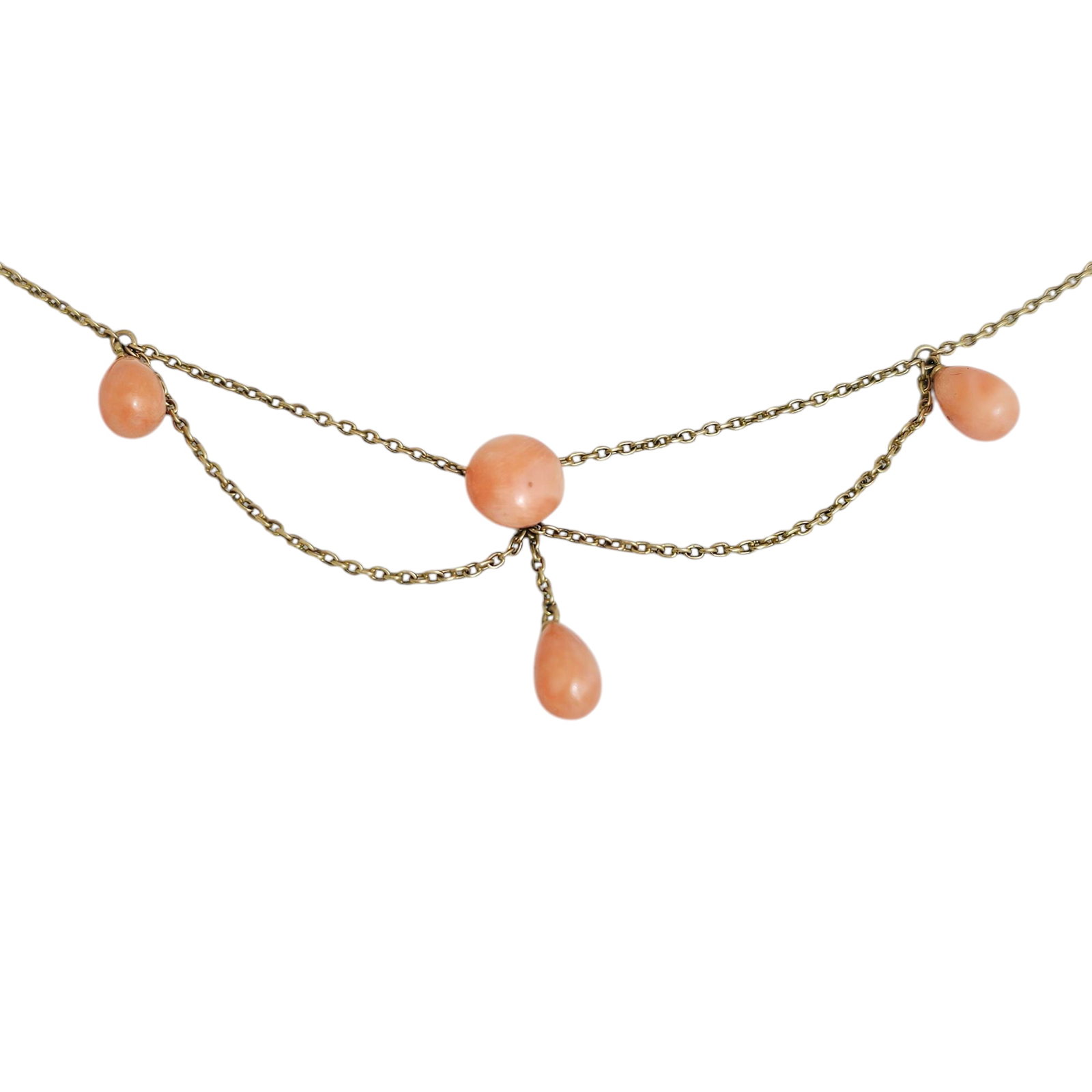 Coral, 10k Yellow Gold Necklace: Centering a round coral cabochon, accented by three pearl-shaped coral drops, joined by 10k yellow gold cable link chain forming a 16 1/2 inch necklace. Gross weight: 4.0 grams. All purchases are as i