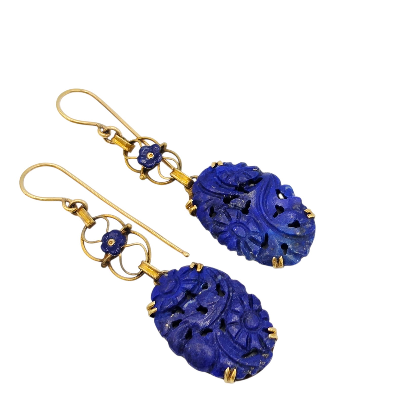 Pair of Lapis Lazuli, Enamel, Yellow Gold Earrings: Designed as a Chinese-carved, lapis lazuli plaque topped by an enamel flower, set in 14k yellow gold mountings, each earring measuring approximately 2.35 x 0.65 inches. Gross weight: 8.2 grams.