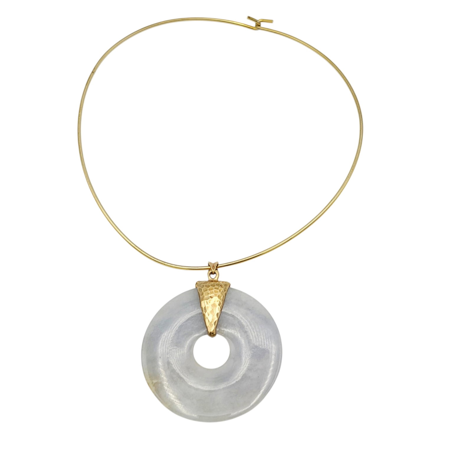 14k Gold Collar with Ice Jade Bi Disc Pendant: 14k yellow gold collar suspending a mottled ice jade bi disc measuring approximately 2.20 inches. Collar fits to 15 inches.