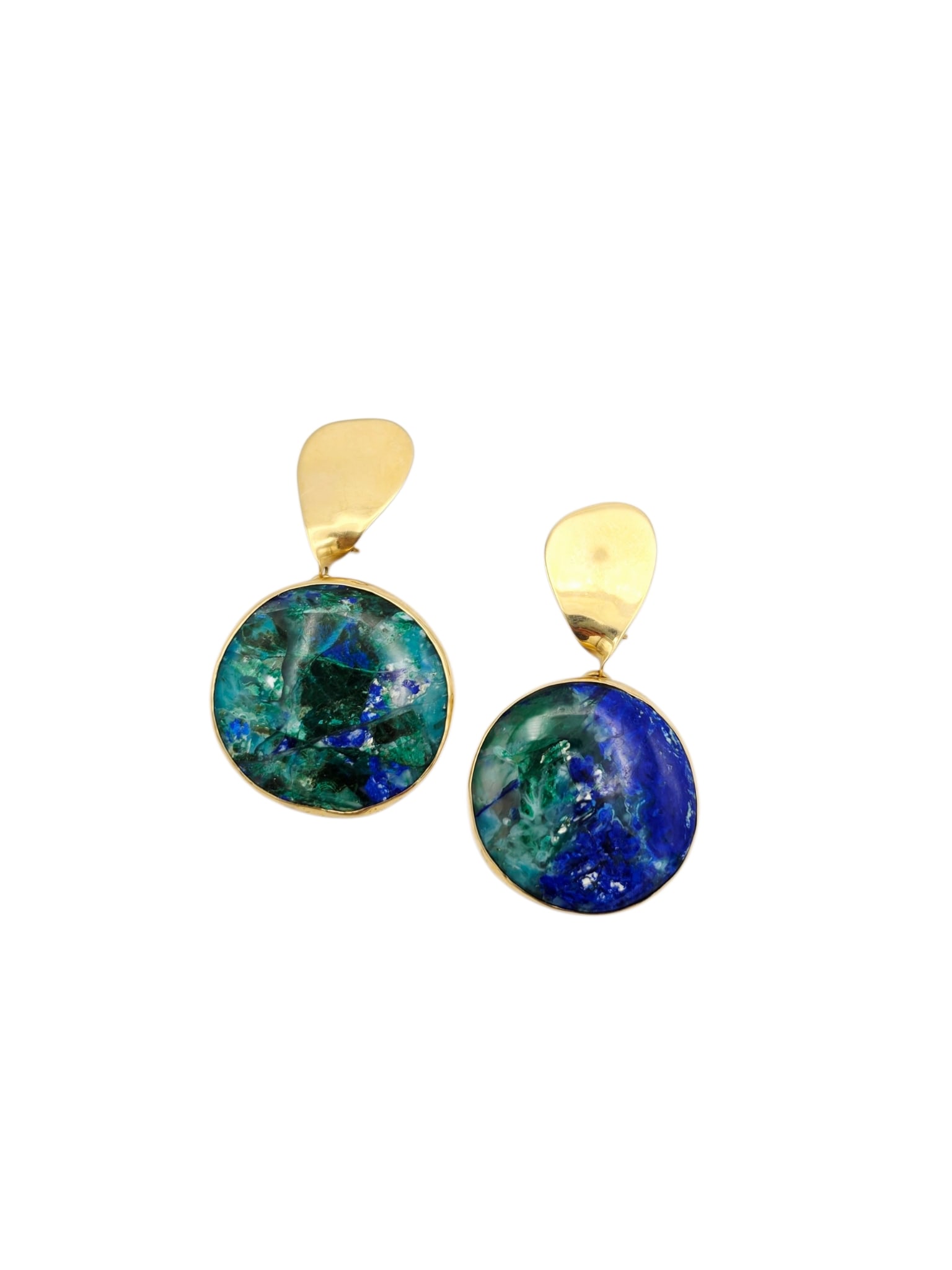 Pair of Azurite, 14k Yellow Gold Ear Clips, Soellner: Designed as a circular azurite cabochon suspended by an abstract-shape, non-pierced top, each earring measuring approximately 2.10 x 1.20 inches. Marked: 'Soellner, 14k.' Gross weight: 24.6 gr