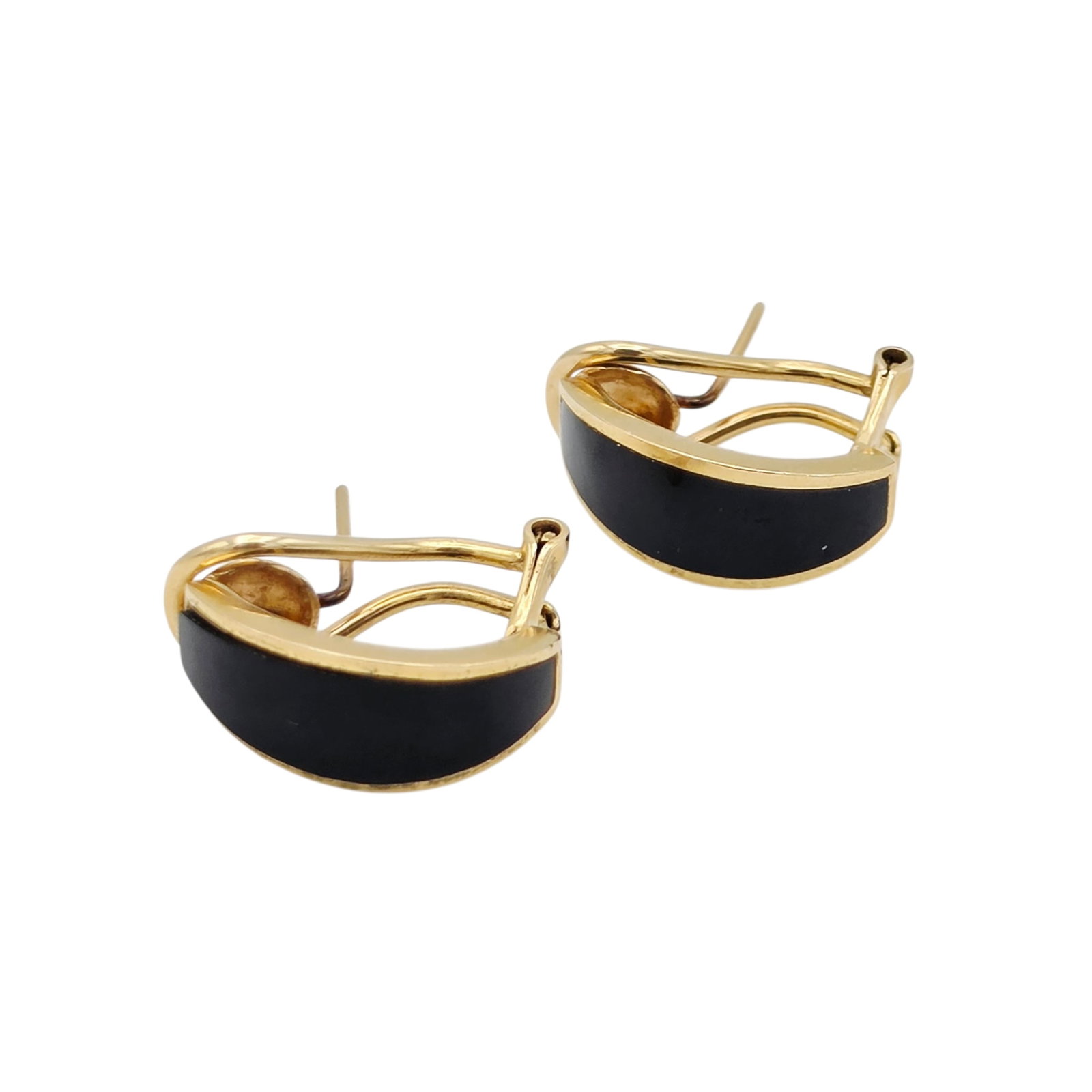 Pair of Onyx, 14k Yellow Gold Earrings: Featuring an arched onyx panel set in a 14k yellow gold, demi-hoop style mounting, each measuring approximately 0.70 x 0.40 inches (18.0 x 10.0 mm). Gross weight: 7.0 grams.