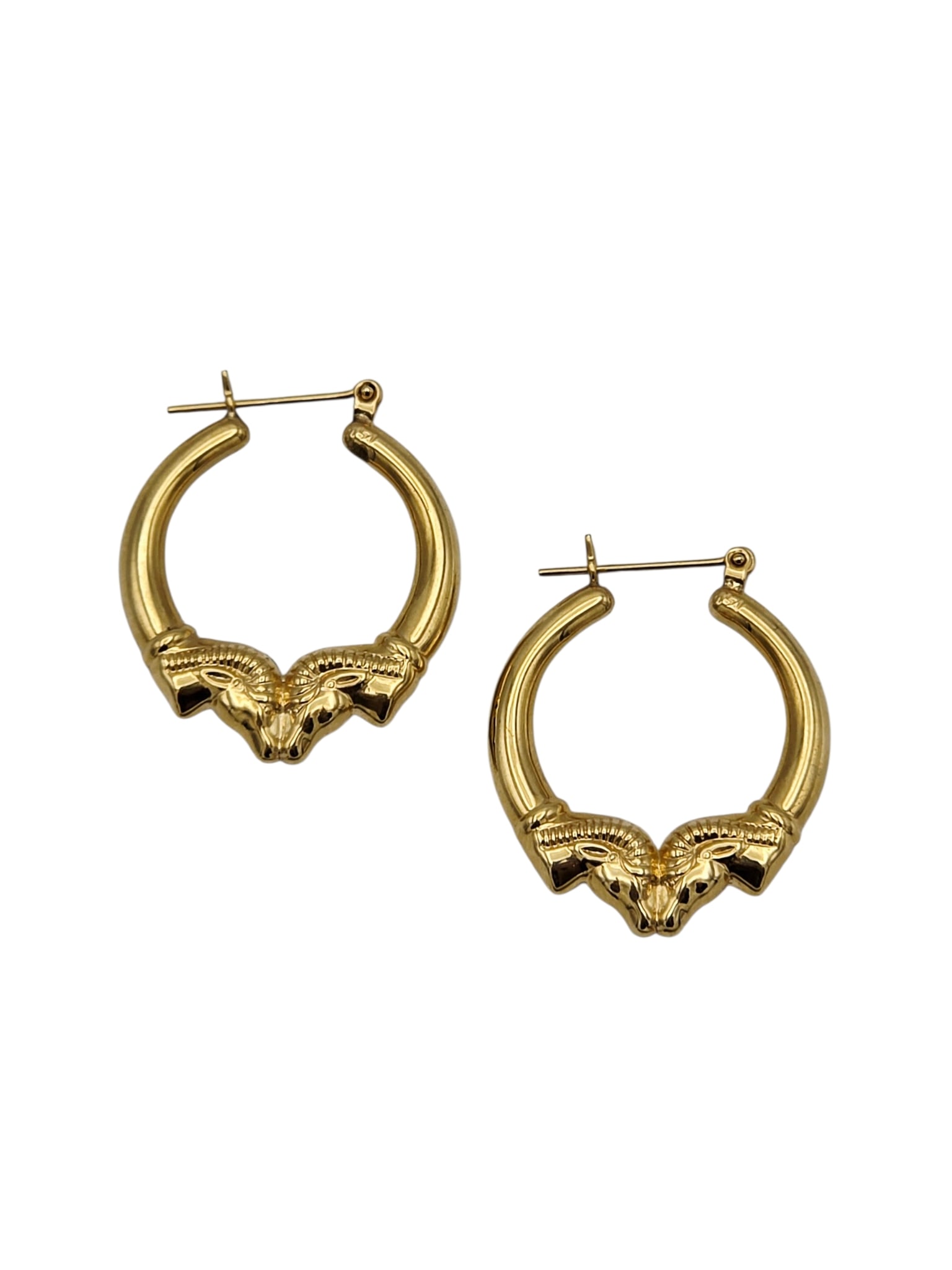 Pair of 14k Yellow Gold Ram-Themed Earrings: Designed as two facing rams, set in a 14k yellow gold hoop-style earring mounting, each measuring approximately 28.0 x 25.0 mm. Gross weight: 2.7 grams.