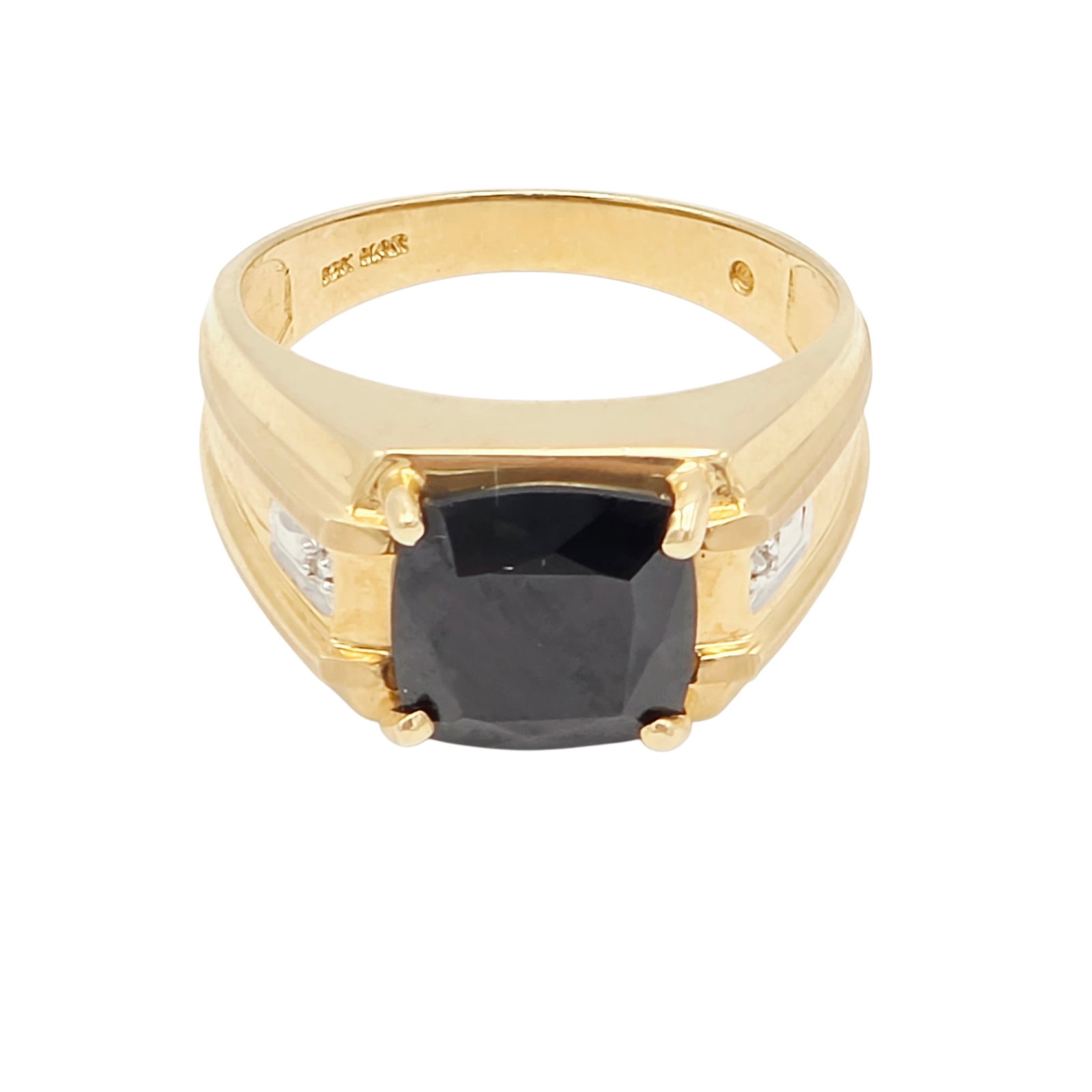 Gent's Onyx, Diamond, 10k Yellow Gold Ring: Centering one rectangular step-cut onyx tablet, flanked by two single-cut diamonds weighing a total of approximately 0.02 ctw., set in a 10k yellow gold ring mounting, size 10. Gross weight: 6.1 grams