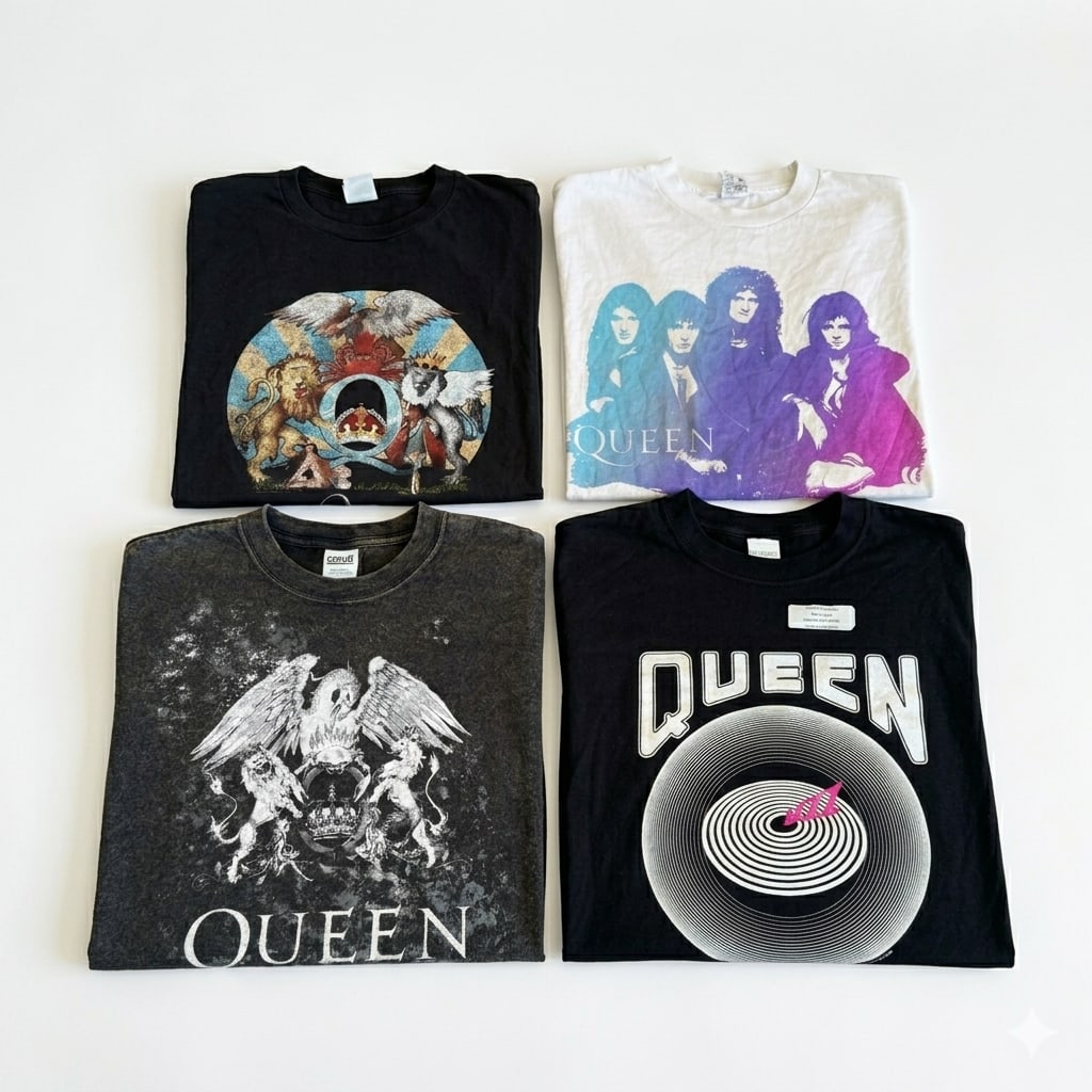 (Lot of) Four vintage Queen tees: (Lot of) 4 vintage Queen concert tees. Condition: wear and tear consistent with age.