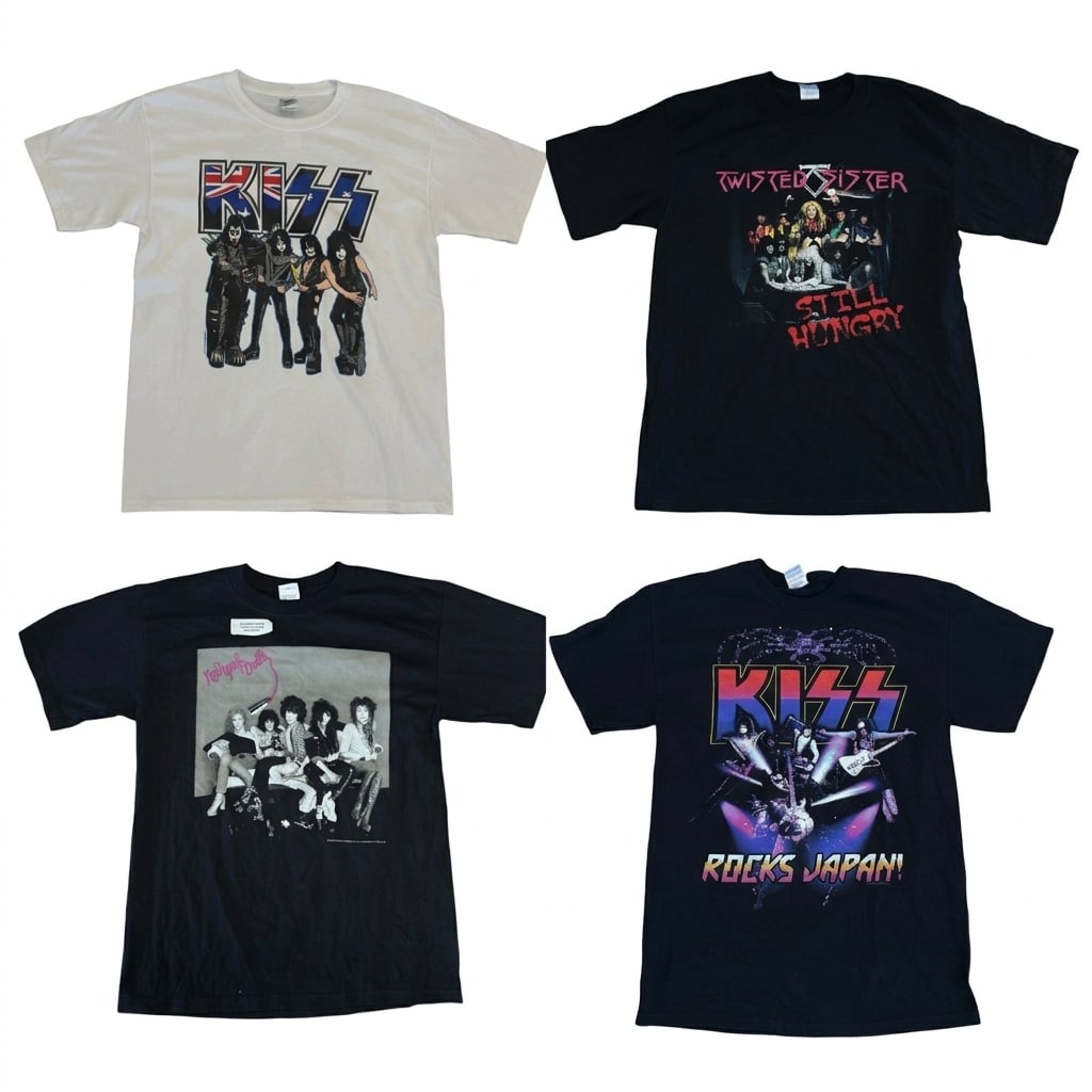 2 Kiss, 1 New York Dolls, 1 Twisted Sister tshirts: (Lot of 4) concert t-shirts for KISS, New York Dolls, and Twisted Sister. Sizes will be updated soon. Condition: wear and tear consistent with age and use.