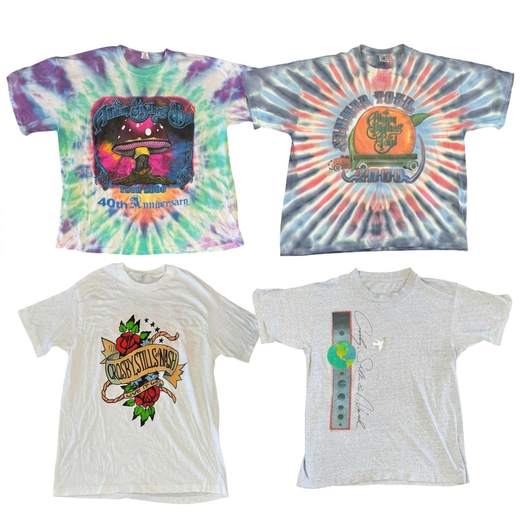 Two Crosby stills and Nash, 2 Allman Brothers tees: (Lot of) 4 concert t-shirts; 2 Crosby, Stills and Nash and 2 Allman Brothers. Sizes will be updated soon. Condition: wear and tear consistent with age and use.
