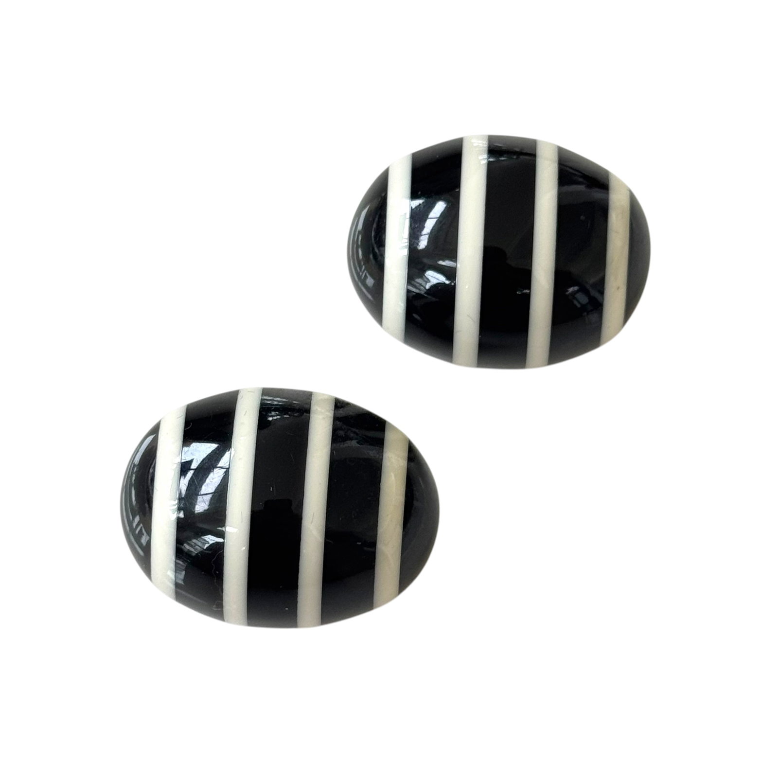 Pair of Monies Domed Ear Clips by Gerda Lynggard: Pair of Monies domed black and white stripe vintage ear clips designed by Gerda Lynggaard, Denmark. Stamped Monies on the clip.
