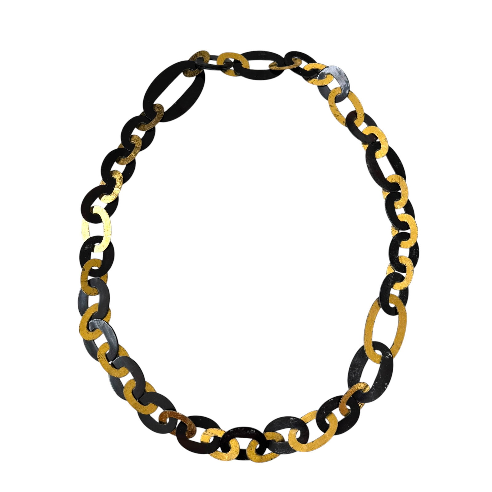 Carved Horn and Metal Necklace: Carved horn and metal graduated chain link necklace. Metal links have gold leaf applied to them.