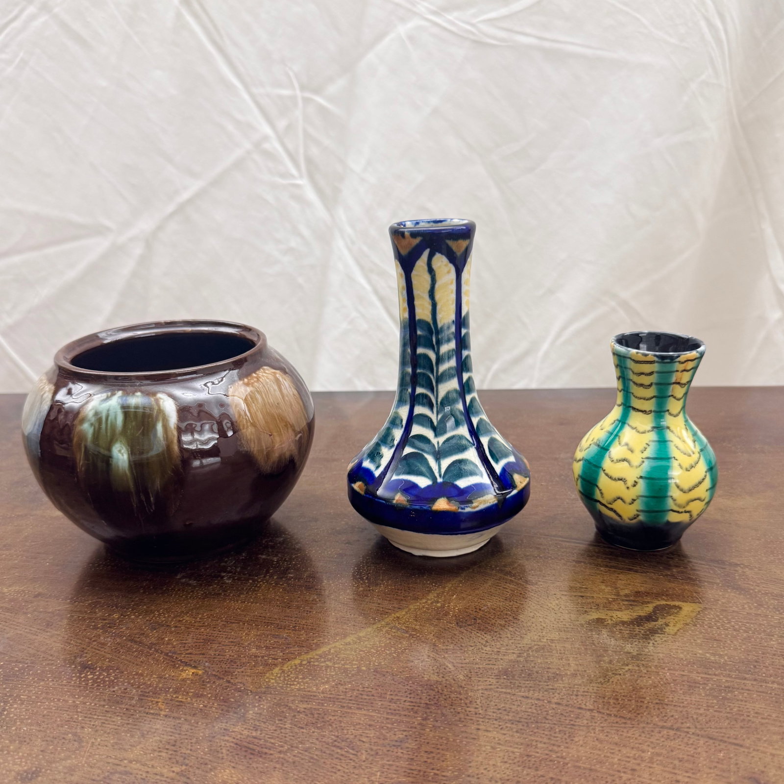 (Lot of) 3 Mid-Century Art Pottery Vases: (Lot of) 3 mid-century European art pottery vases, one with mark on base, in the manner of Gouda Belgian, or Scandinavian style.
