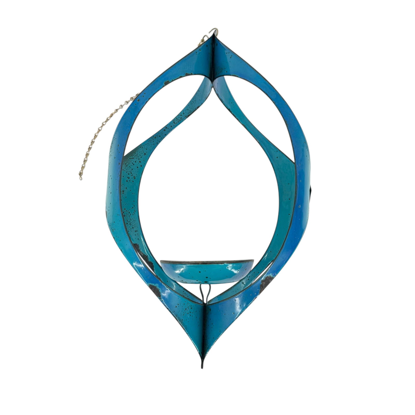 MCM Blue Enamel Candle Holder by Hanova of Pasadena: MCM blue enamel hanging candle holder by Hanova of Pasadena, brutalist style, lava-like finish. Measures approximately 19 in H.