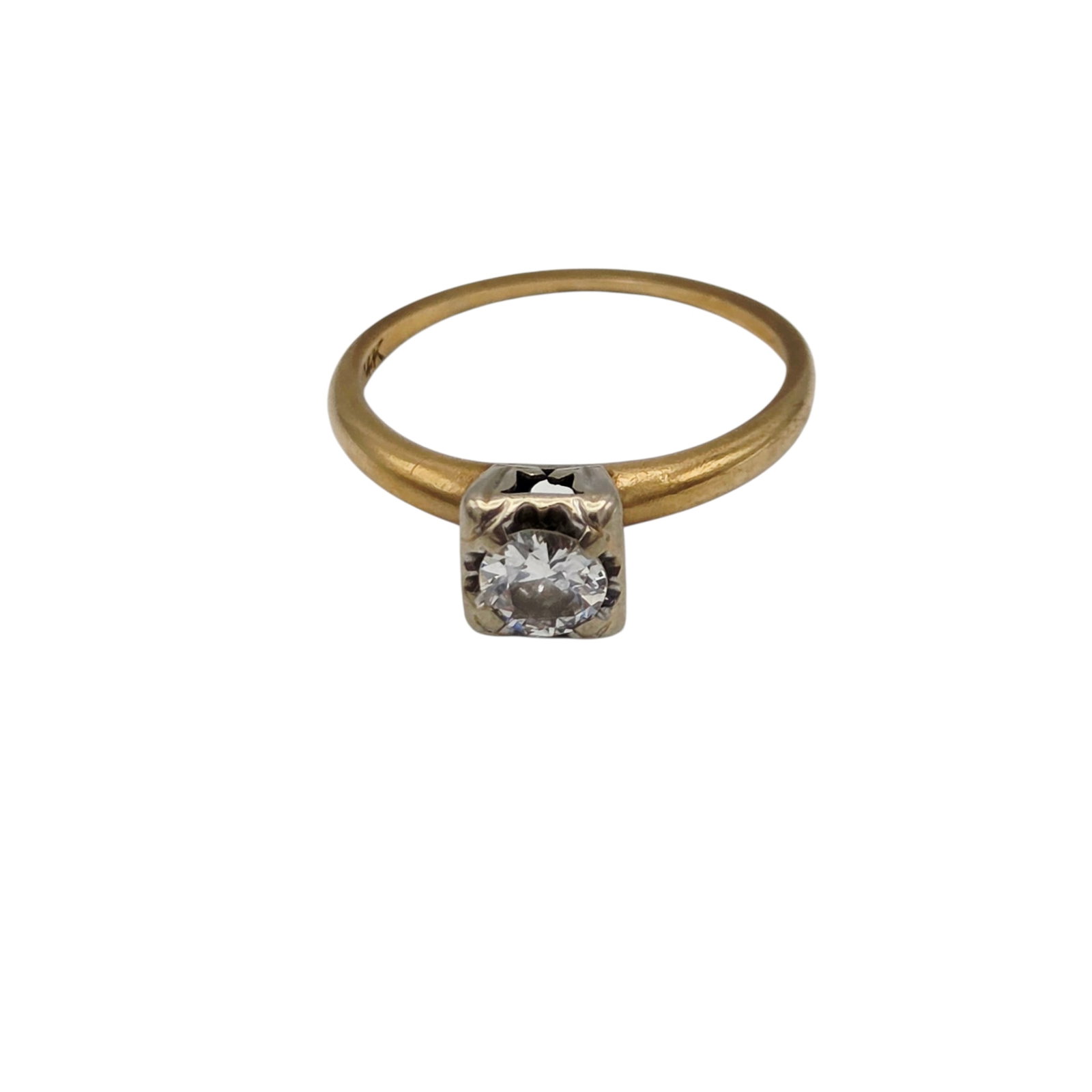 Diamond, 14k Yellow Gold Ring: Featuring one round brilliant-cut diamond weighing approximately 0.44 ct., set in a 14k white and yellow gold ring mounting, size 6 1/4. Gross weight: 1.8 grams.