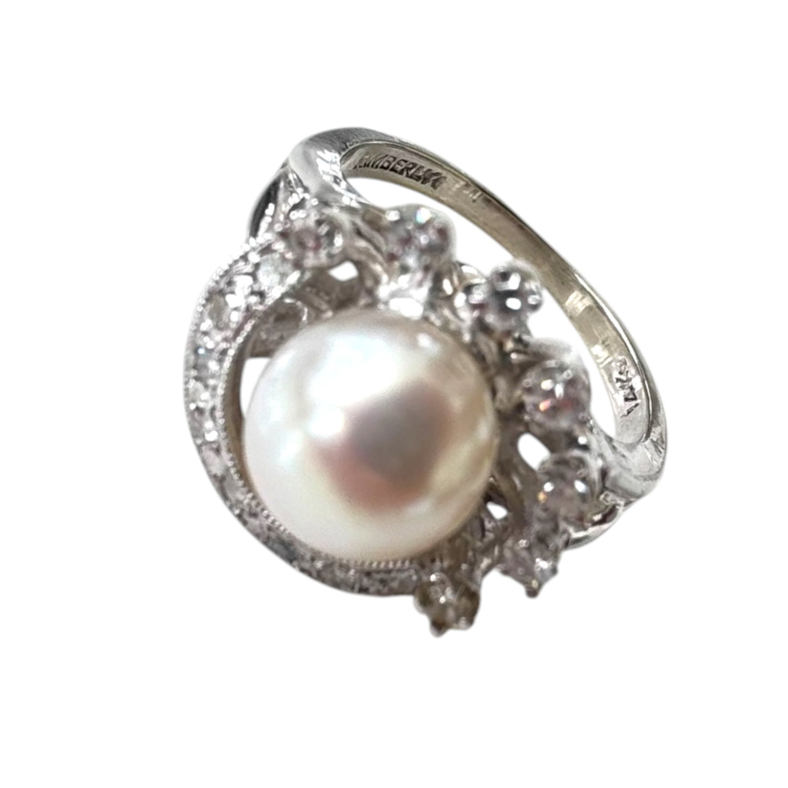 Cultured Pearl, Diamond, 14k White Gold Ring: Centering a round cultured pearl measuring approximately 7.5 mm, accented by fifteen single-cut diamonds weighing a total of approximately 0.30 cttw., set in a 14k white gold ring mounting, size 5. Gr