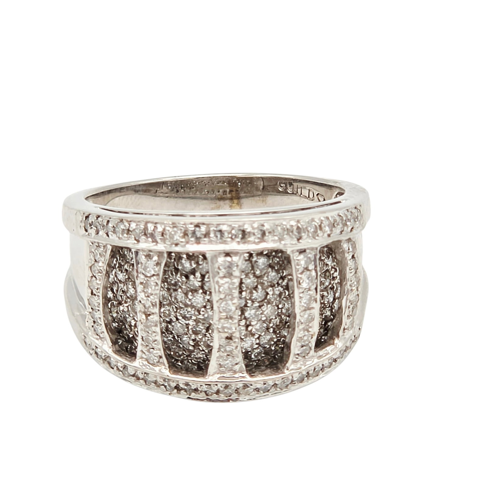 Diamond, 14k White Gold Ring: Featuring numerous round brilliant-cut diamonds weighing a total of approximately 1.65 ctw., set in a 14k white gold ring mounting, size 9. Gross weight: 8.2 grams.