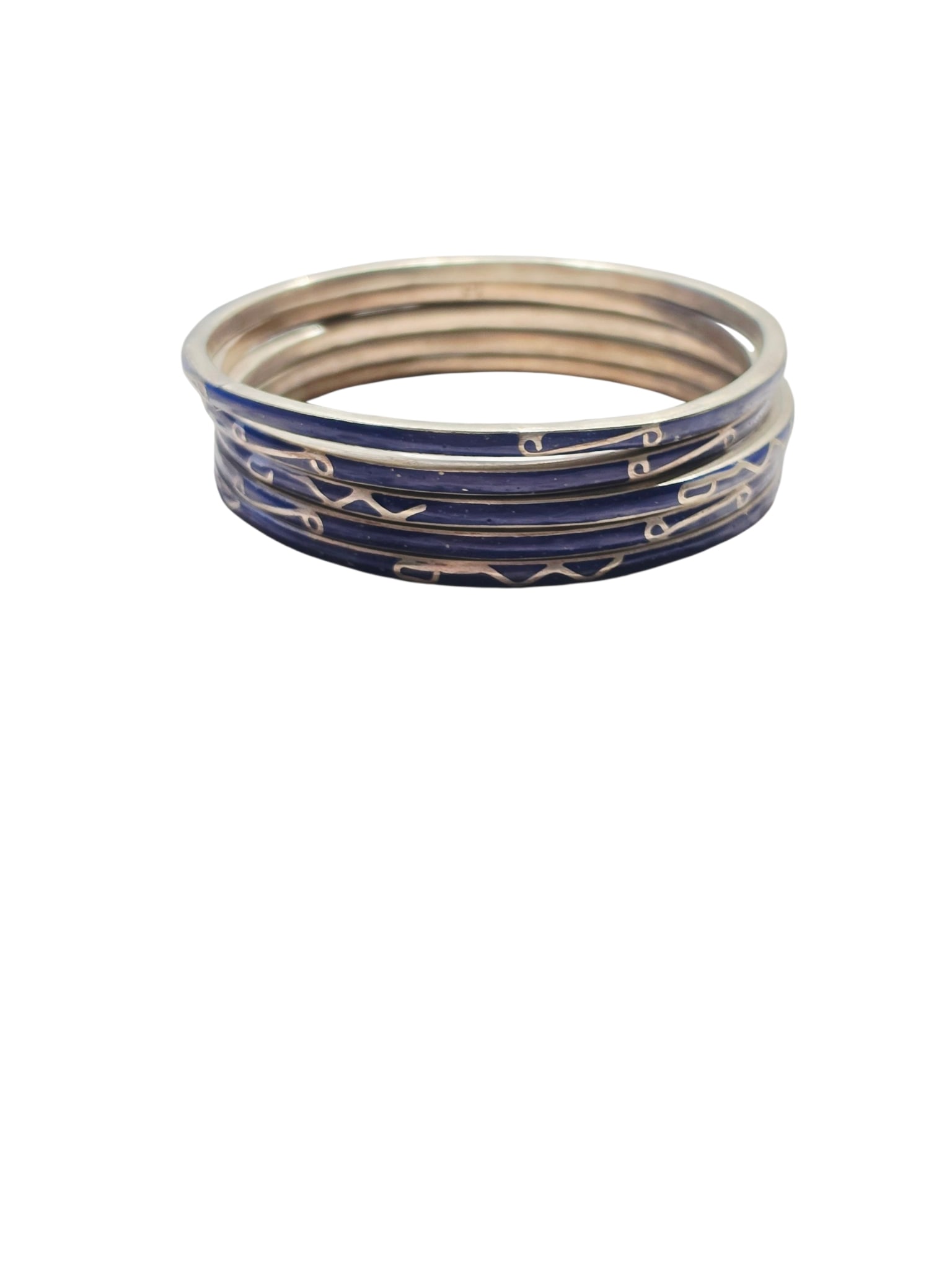 (Lot of) 5 Sterling Silver and Enamel Stacking Bangles: (Lot of) 5 sterling silver and cobalt enamel stacking bangle bracelets, featuring a geometric design, each stamped with .925 on the inside of the bracelet. Gross weight is approximately 38.9 grams.