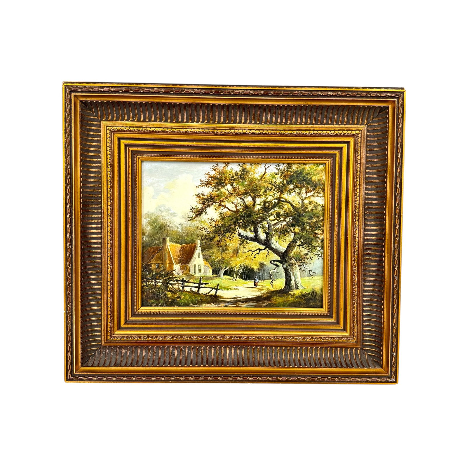 Jay Scholten (b. 1948) Oil on Board: Jay Scholten (b. 1948) oil on board of figure walking through the forest, signed lower left. Measures approximately: (sight) 9 1/2 in W x 7 1/2 in H, (frame) 17 in W x 15 in H. Condition is very good,