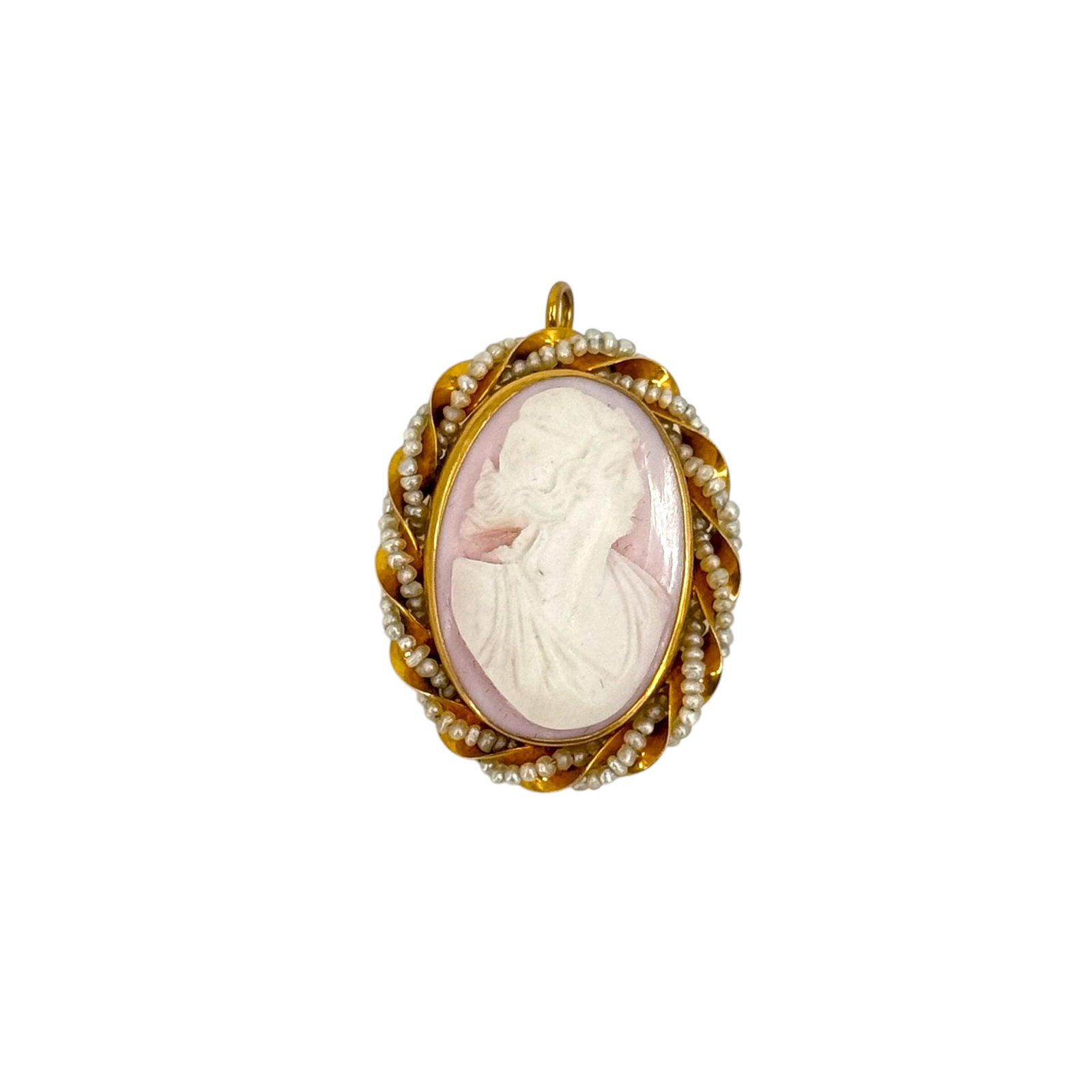 Shell Cameo, Seed Pearl, 12k Yellow Gold Pendant-Brooch (1 of 1)