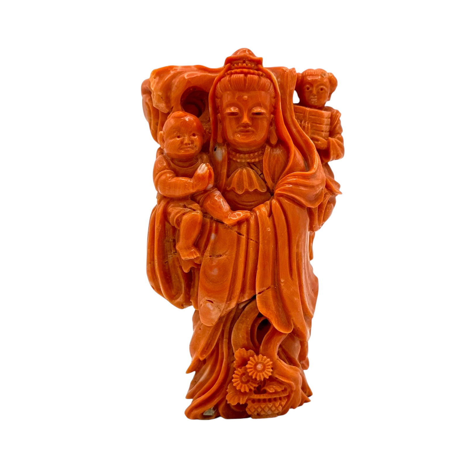 Carved Coral Figure of Guanyin "The Son-Giver": Carved coral Guanyin "the Son-Giver" figure, East Asia, 20th c. with domed display case. Measures approximately 4 in tall. Signed on back. 