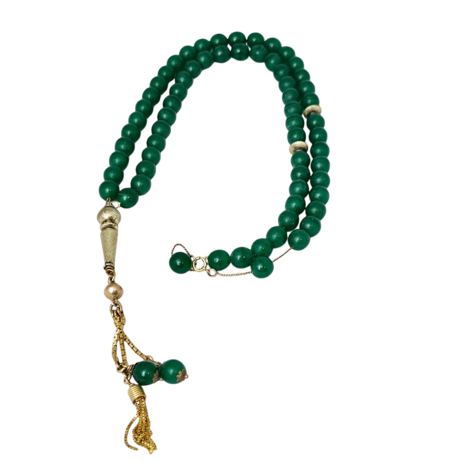 Dyed Quartz, 14k Yellow Gold Necklace: Composed of sixty-four dyed quartz beads, each measuring approximately 8.0 mm, and two gold saucer shaped beads, suspending a tassel and two additional dyed quartz beads, all strung on 14k yellow gold