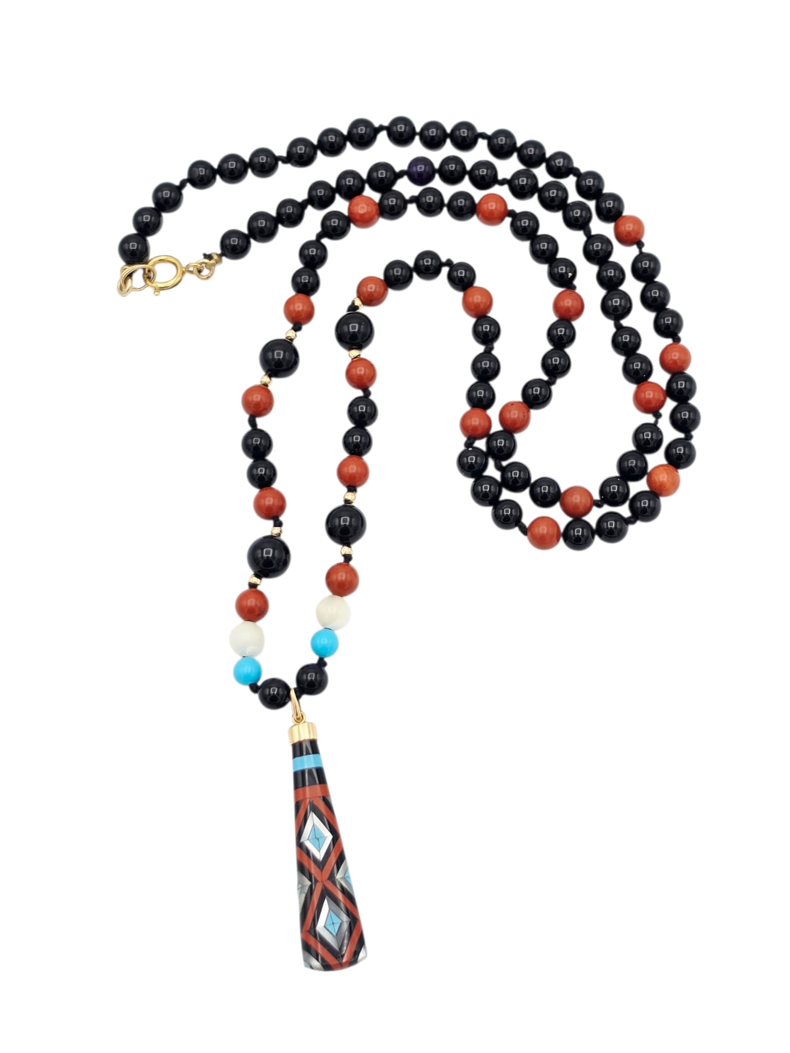 Multi-Stone, 14k, Gold-Filled Necklace: Composed of a round onyx, jasper, mother-of-pearl and simulated turquoise beads measuring from approximately 8.0 to 5.0 mm, suspending an inlaid pendant capped by 14k yellow gold and completed by a