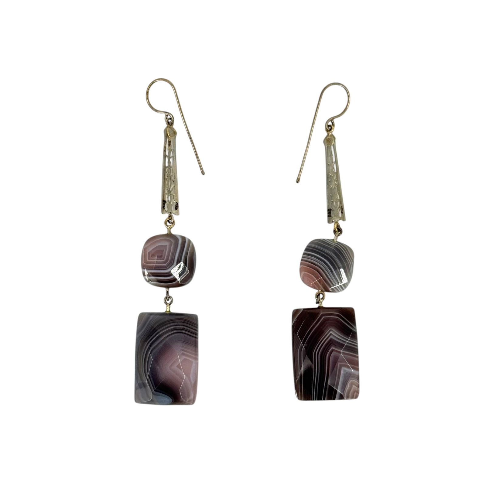 Pair of Agate, White Gold Earrings: Featuring (4) faceted agate beads, measuring approximately 25 x 18 x 7.2 mm, and 15 x 15 x 5.3 mm, articulated and linked by 14k white gold and metal forming a 3.5 in crop earrings, gross weight 19.1