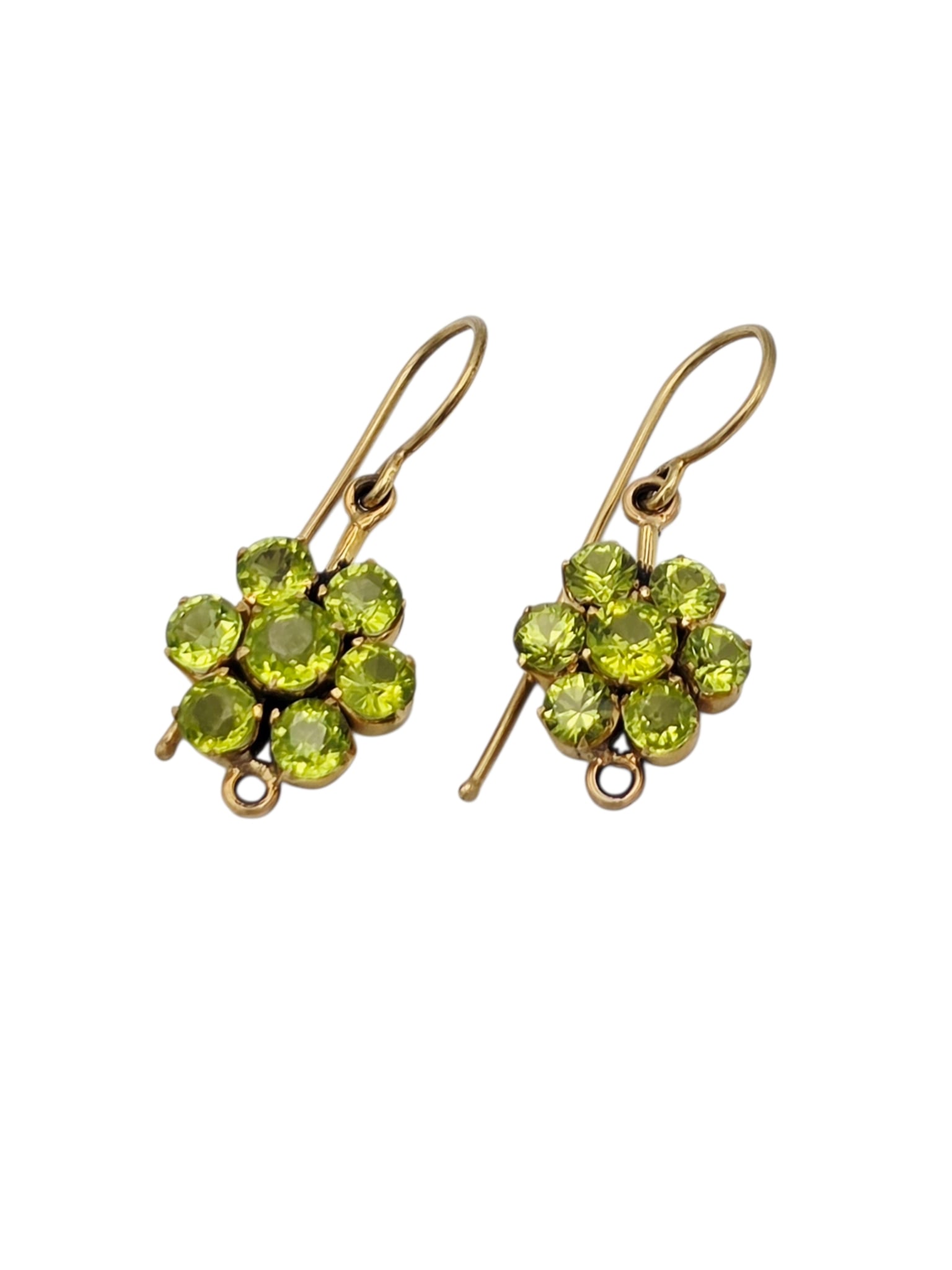 Pair of Peridot, 14k Yellow Gold Earrings: Designed as a flower, each featuring seven round-cut peridot weighing a total of approximately 2.25 ctw., set in a 14k yellow gold earring mounting measuring approximately 1.15 x 0.50 inches. Gross
