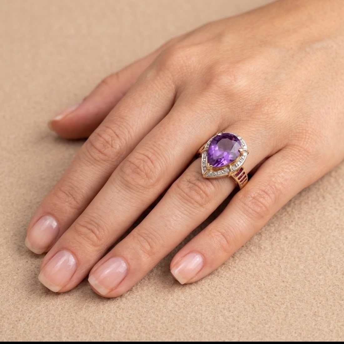 Amethyst, Diamond, 14k Yellow Gold Ring - 6