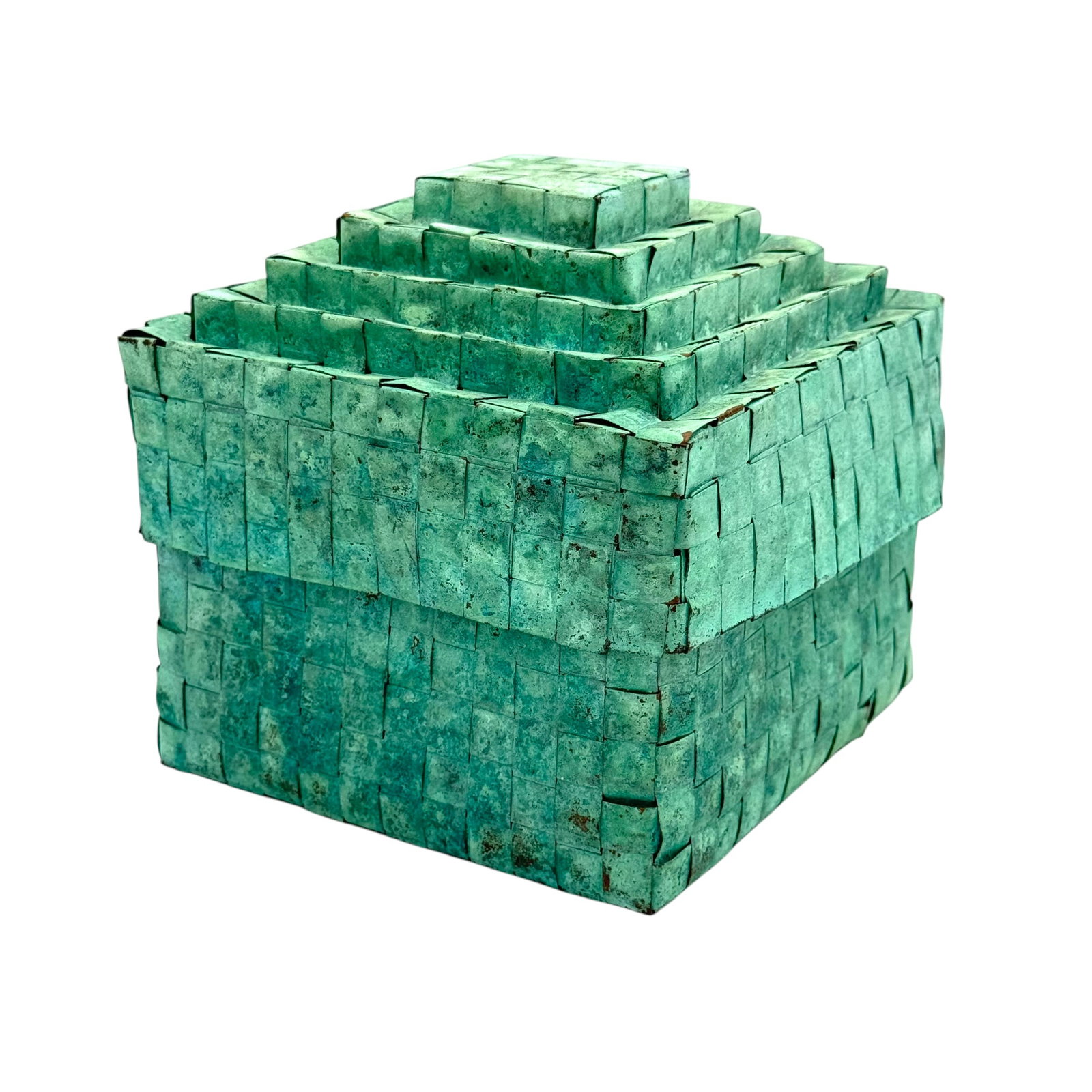 Studio Art Woven & Patinated Copper Stepped Lidded Box - Signed Carlson '94: A fine 1994 studio craft lidded box constructed from woven copper sheets and stripes with a vibrant, verdigris green patina. The piece features a geometric stepped lid, signed Carlson '94 for