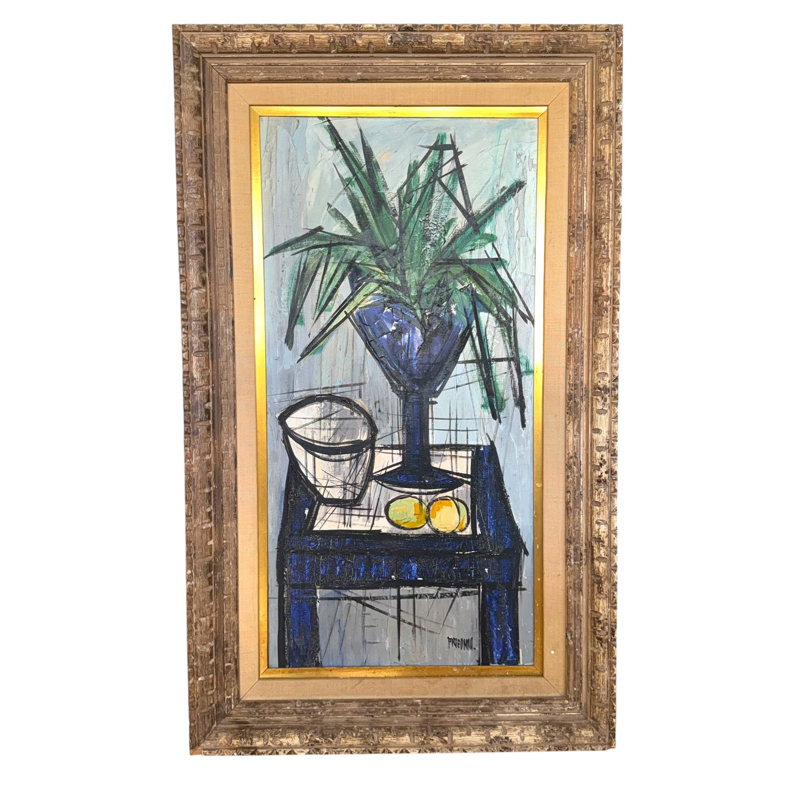 Mid-Century Modern Expressionist Still Life - Signed Friedman: A mid 20th century expressionist oil on canvas still life painting depicting a potted palm in blue vase with white bowl and two lemons, on a table. Signed Friedman lower right 