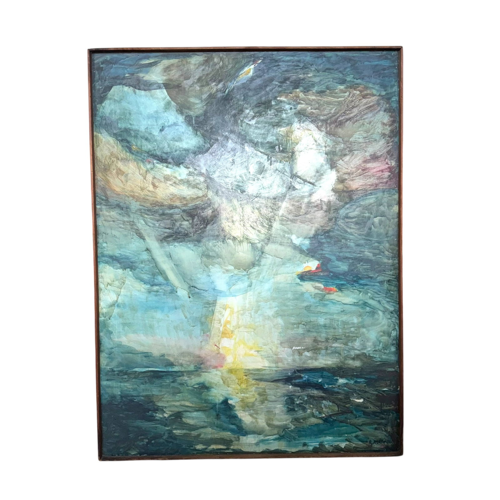 Mid Century Abstract Expressionist Composition - Signed R. Abramson: A mid 20th century abstract expressionist painting featuring a color palette of green, teal, indigo, ochre yellow and cream white, acrylic on canvas, signed R. Abramson lower right.