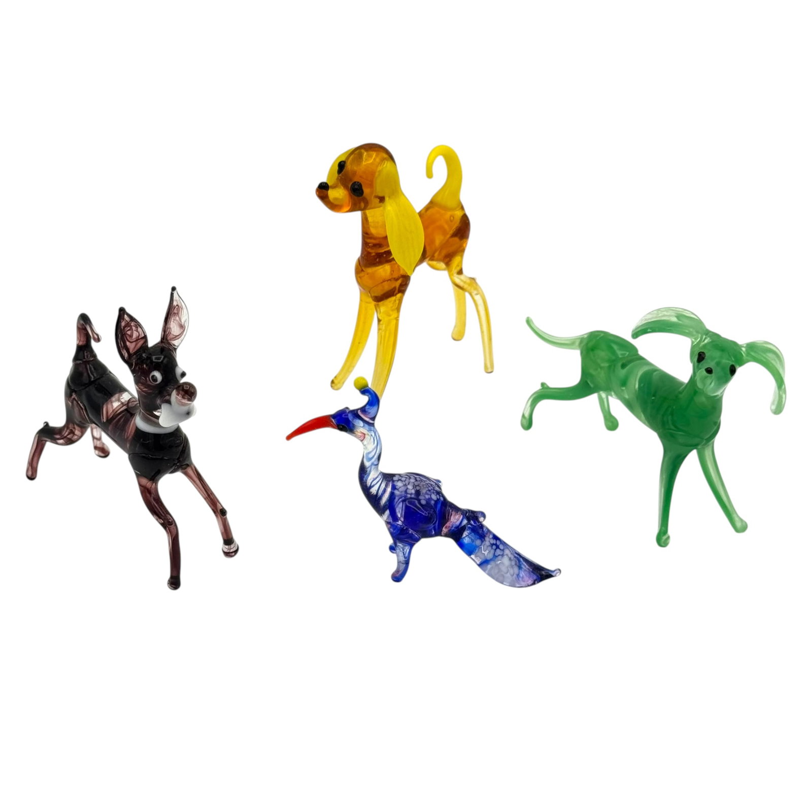 Lot of 4 Hand-Blown Glass Animal Figurines: Group of 4 miniature hand-blown glass animals using traditional lampwork techniques, featuring 3 dog figures and an exotic bird figure.