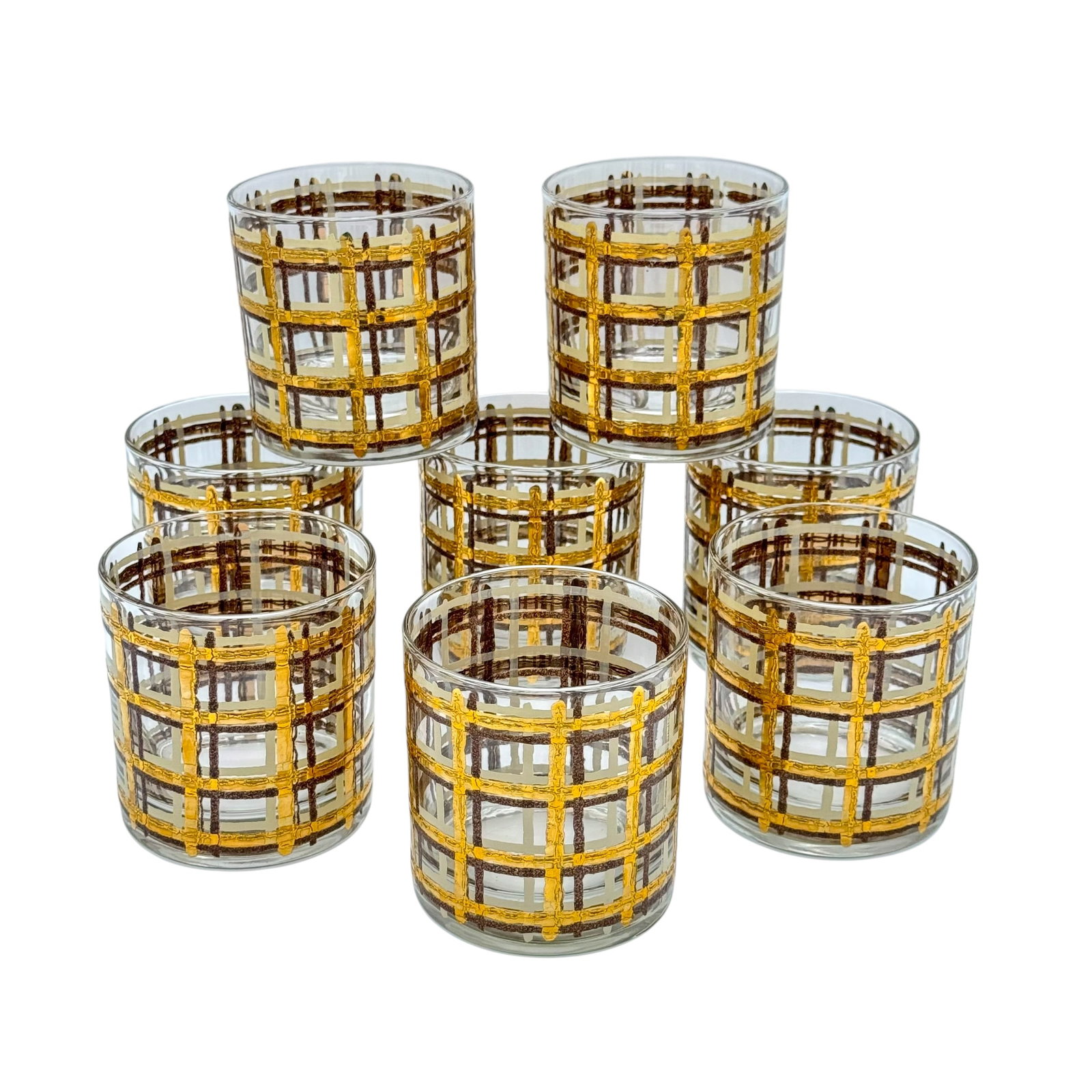 (Lot of) 8 Culver "Tyrol" 22k Lowball Glasses: (Lot of) 8 vintage Culver "Tyrol" 22k lowball glasses in a windowpane pattern, each signed. 