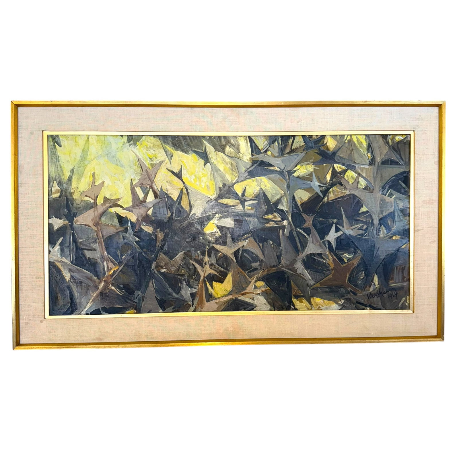 Mid-Century Abstract Painting of "Thorns", Signed: Mid-century abstract painting of thorns, signed Wilheim 1964 lower right, featuring a forest of thorns in dark gray and yellow colorways. Measures approximately (sight) 35 1/2 in W x 17 1/2 in H,
