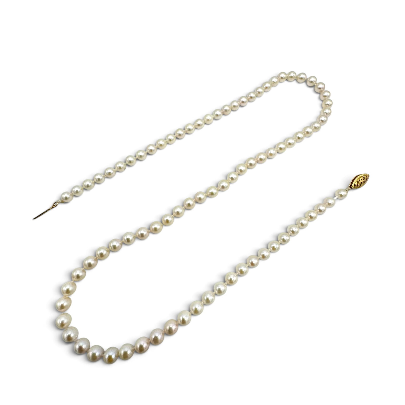 Cultured Pearl, 14k Yellow Gold Necklace: Composed of eighty-two round cultured pearls, each measuring approximately 5.0 to 4.5 mm, completed by a 14k yellow gold hook and box clasp forming a single strand, 18 inch necklace. Gross weight:
