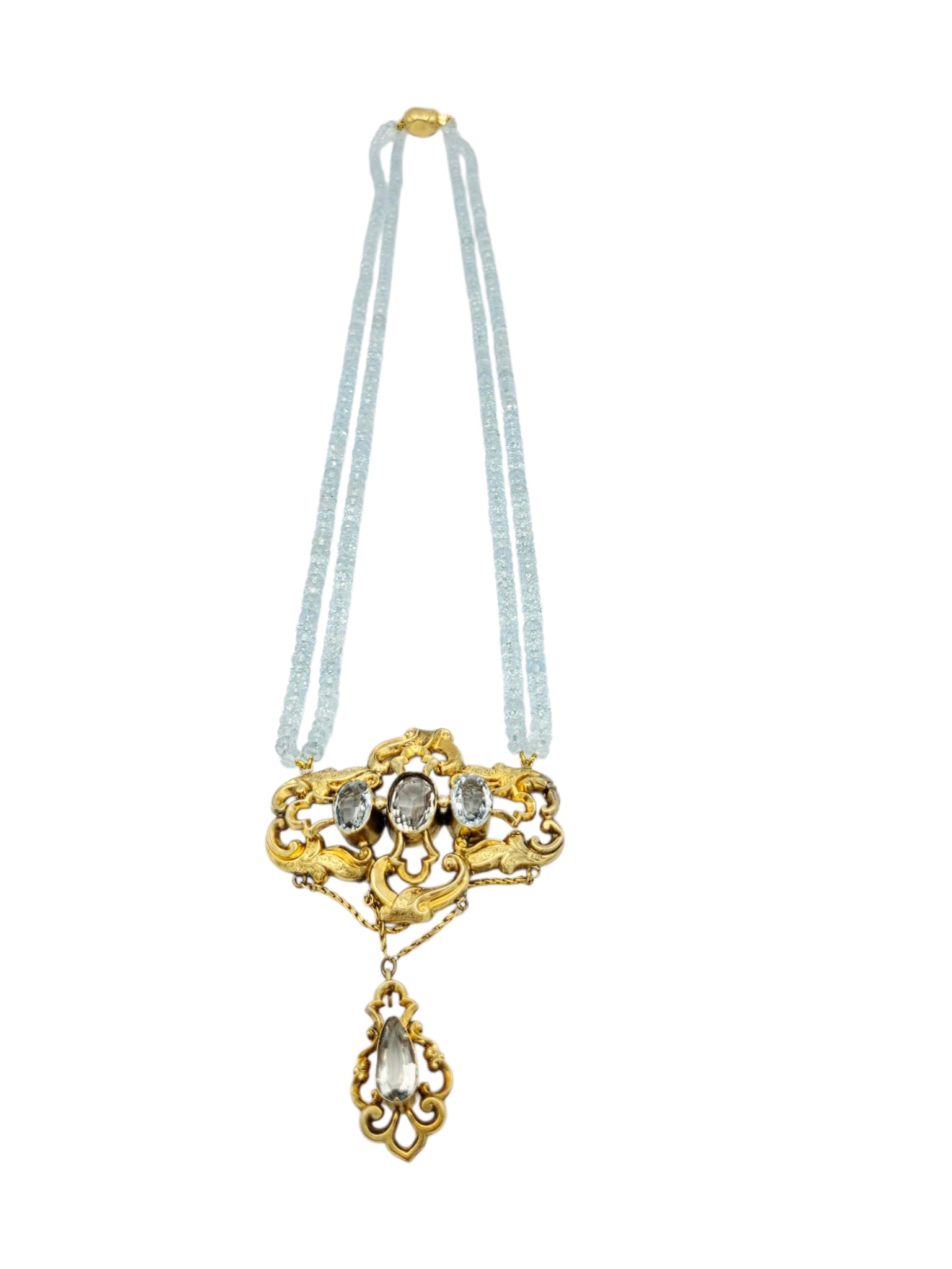 Aquamarine, 14k, Gold-Filled Necklace: Featuring three oval-cut and one pear-cut aquamarines weighing approximately 10.80 cttw., set in a scrolling, gold-filled, Victorian mounting suspended by numerous faceted aquamarine beads and
