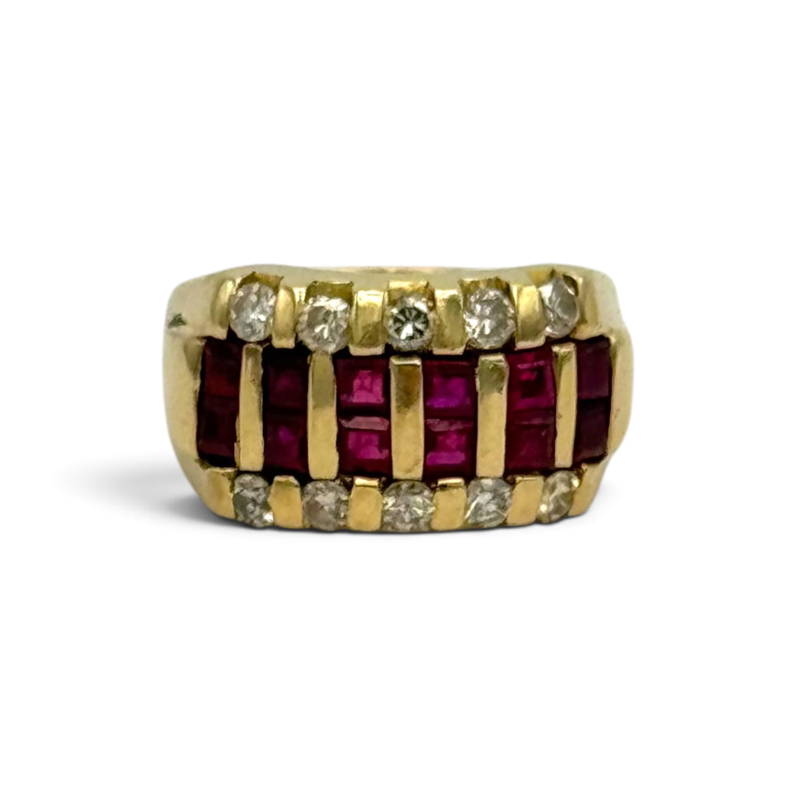 Ruby, Diamond, 14k Yellow Gold Ring: Centering twelve square-cut rubies weighing a total of approximately 0.85 ctw, accented by ten round brilliant-cut diamonds weighing a total of approximately 0.50 ctw., set in a 14k yellow