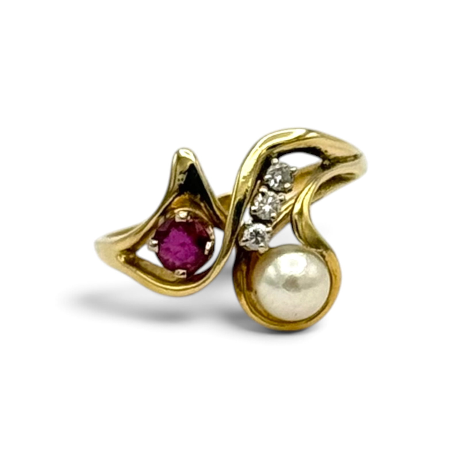 Cultured Pearl, Ruby, Diamond, 14k Ring: Featuring one round cultured pearl measuring approximately 5.3 mm, accented by one round-cut ruby weighing approximately 0.30 ct., further accented by three round brilliant-cut diamonds weighing a