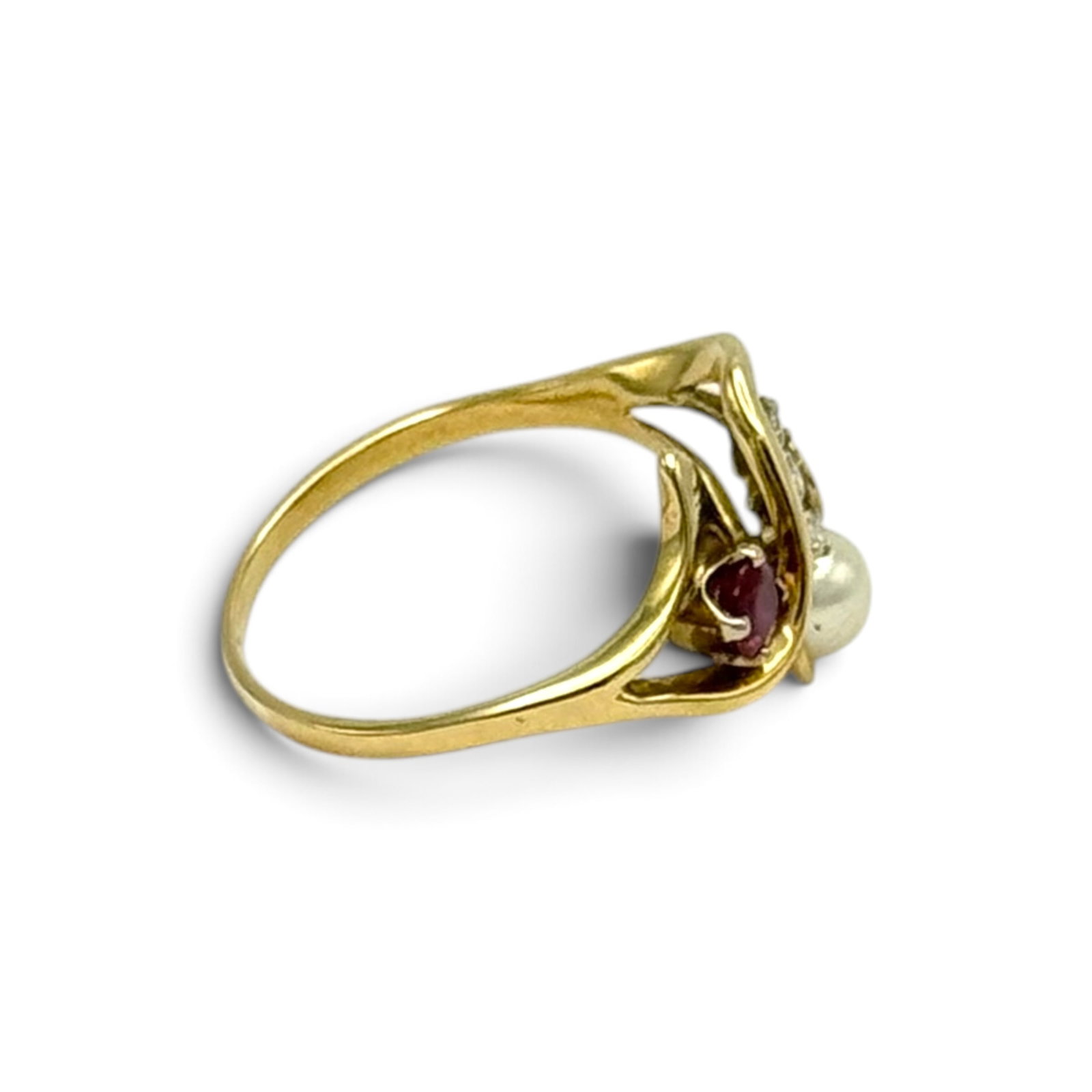 Cultured Pearl, Ruby, Diamond, 14k Ring - 2
