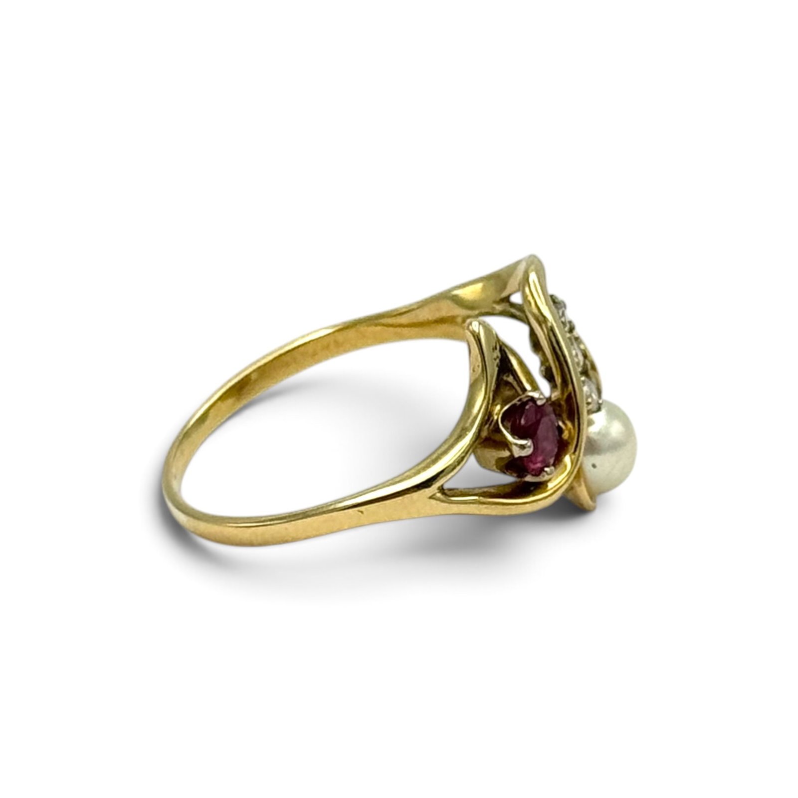 Cultured Pearl, Ruby, Diamond, 14k Ring - 5